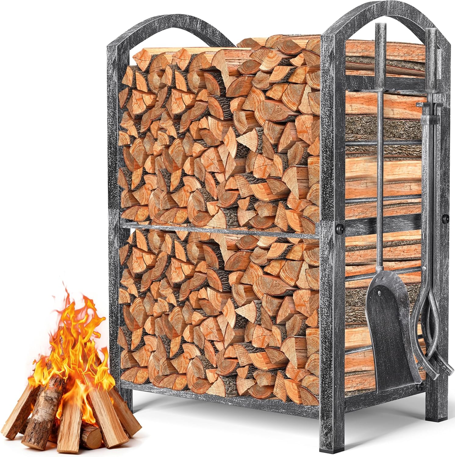 Firewood Rack with Tools - 5-Pc Set, Antique Silver