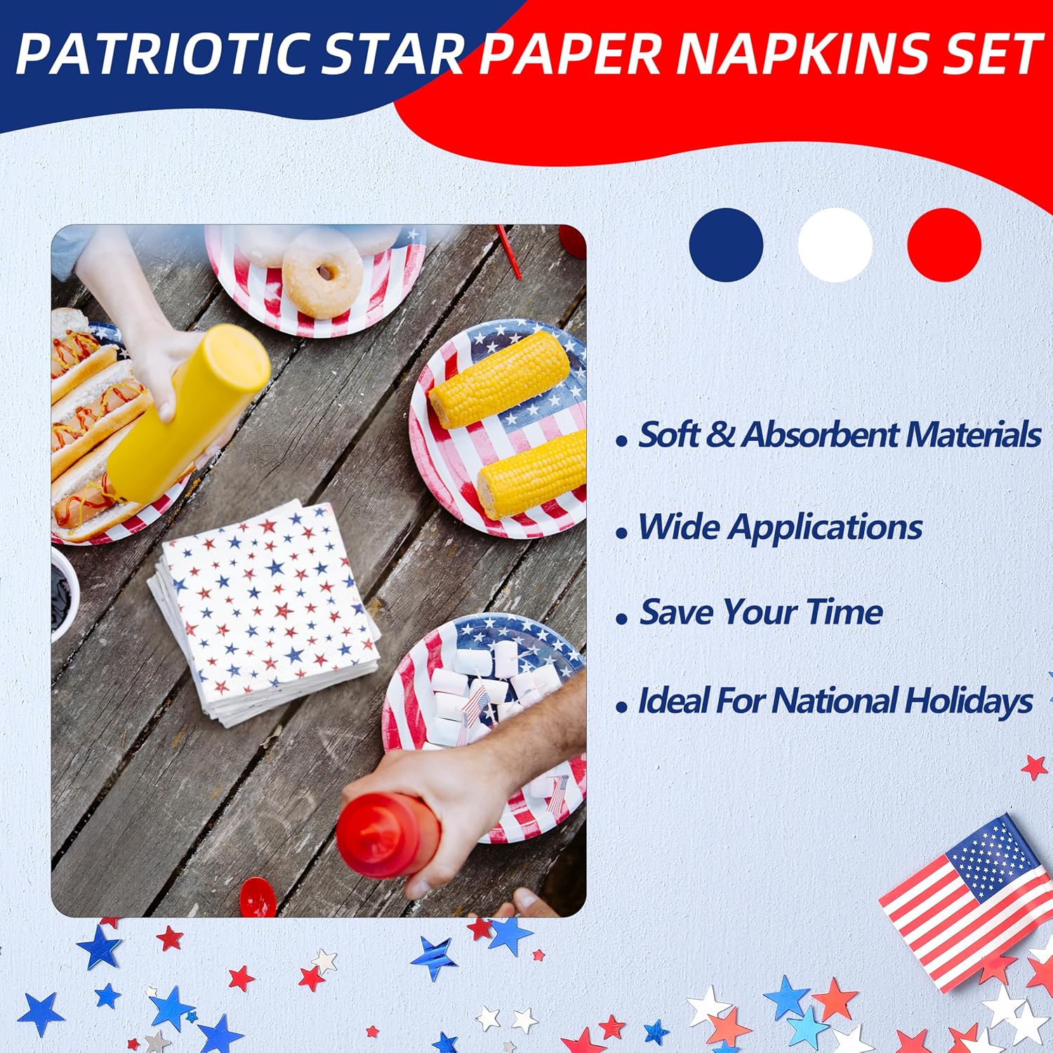 50 Pcs Patriotic Star Paper Napkins, 13x13 Inches Unfolded – Disposable Red White Blue 4th of July Napkins for Independence Day, Memorial Day, Veterans Day, and Patriotic Party Table Decorations