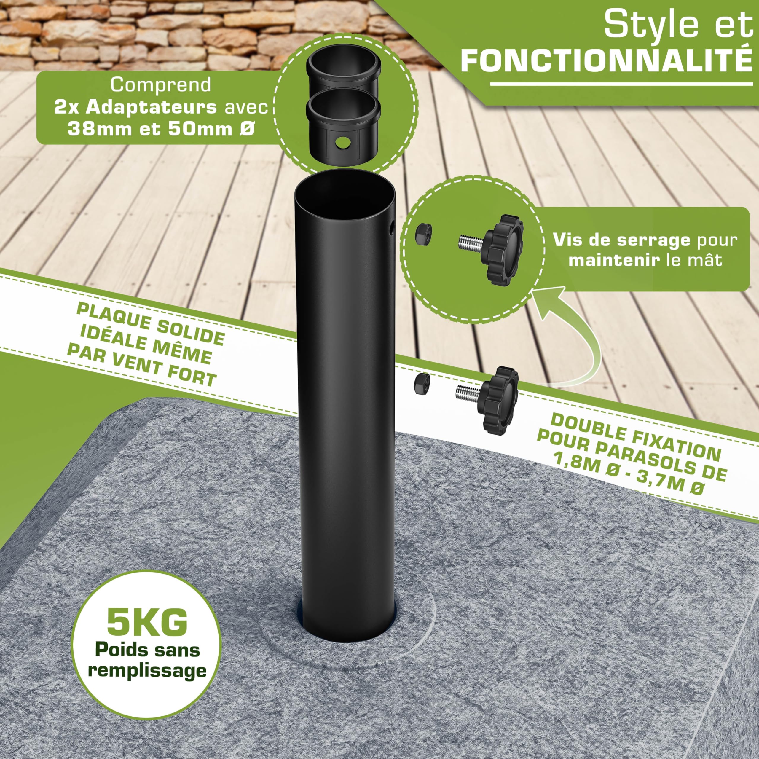 tillvex® Pied de parasol PAVERA à roulettes et freins | Support de lestage parasol à remplir 37L/56kg | Poids pour parasol droit et de marché Ø1,8-3,7m | Résistant aux intempéries et UV (Effet Granit)