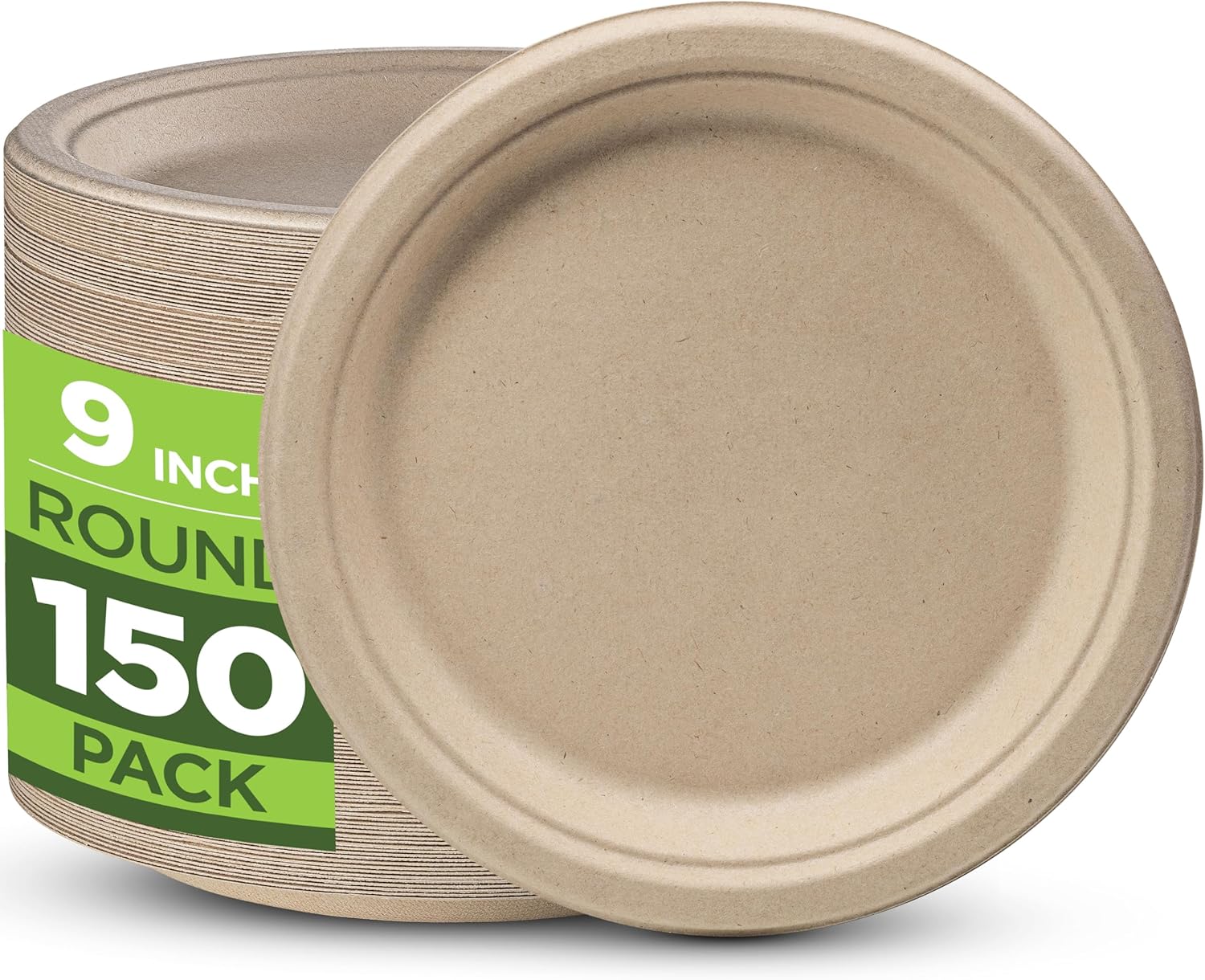 100% Compostable Paper Plates Heavy Duty - 150 Pack Biodegradable Disposable Plates – 9” Brown Disposable Dinner Plates Made of Eco-Friendly, Natural Unbleached Sugarcane Bagasse, Microwavable Plates