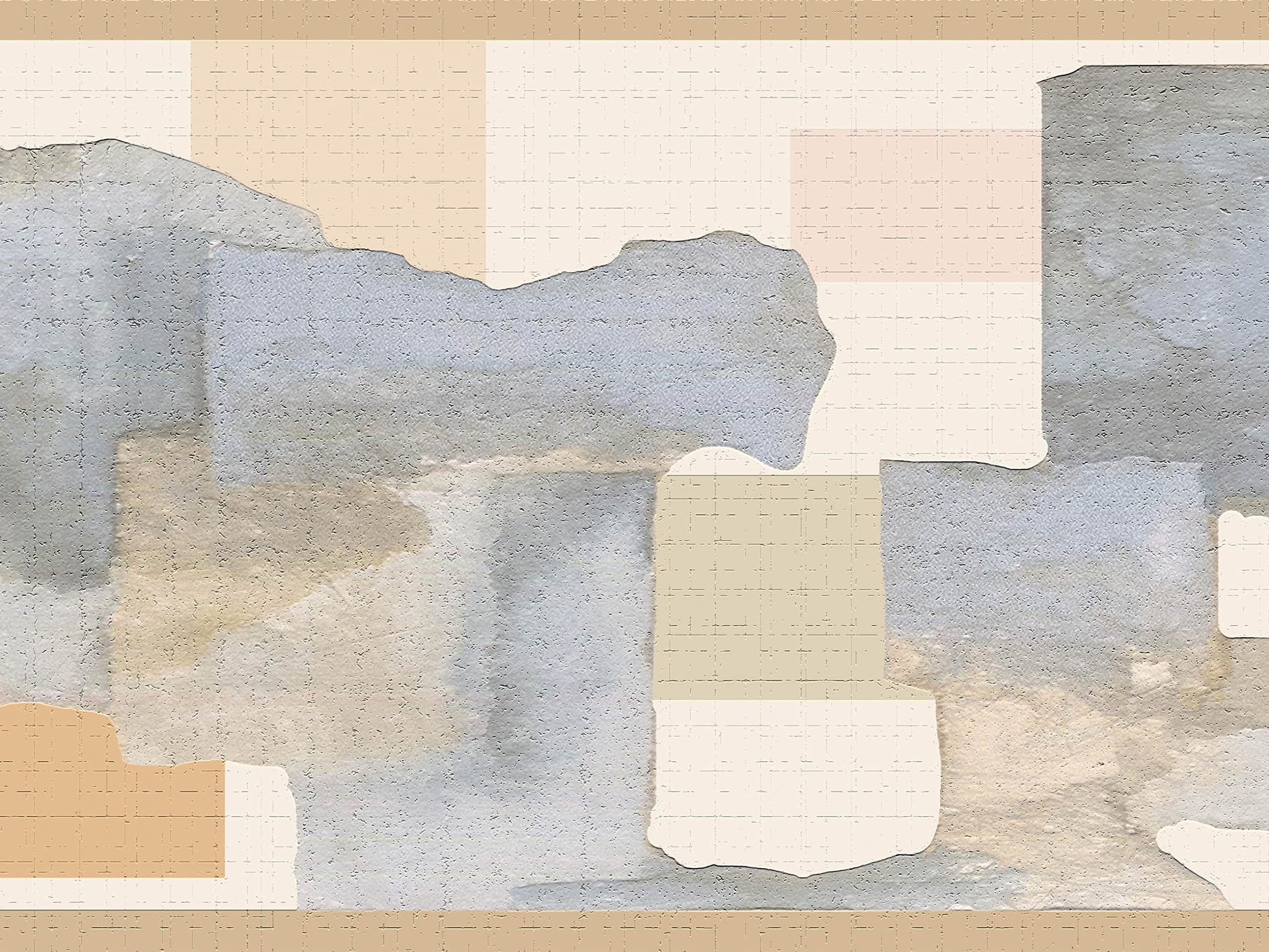 Wallpaper Border Peel and Stick, Abstract Beige Blue Patches, 15ft x 7in