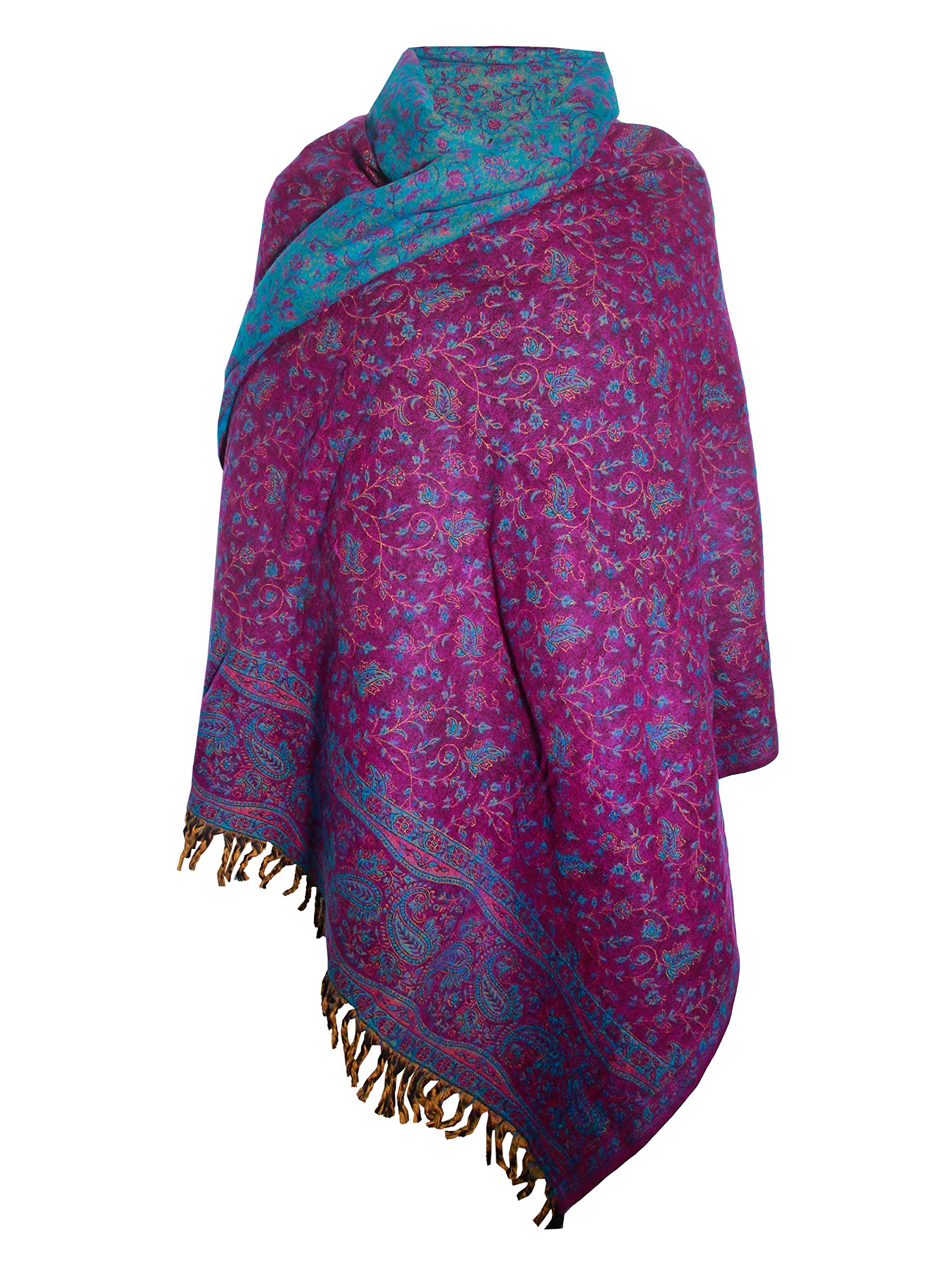 TIBET Handgefertigter luxuriöser Schal mit floralem Muster, übergroß, wendbar, aus reiner Yakwolle, Violett / Blau, violett, blau, One size