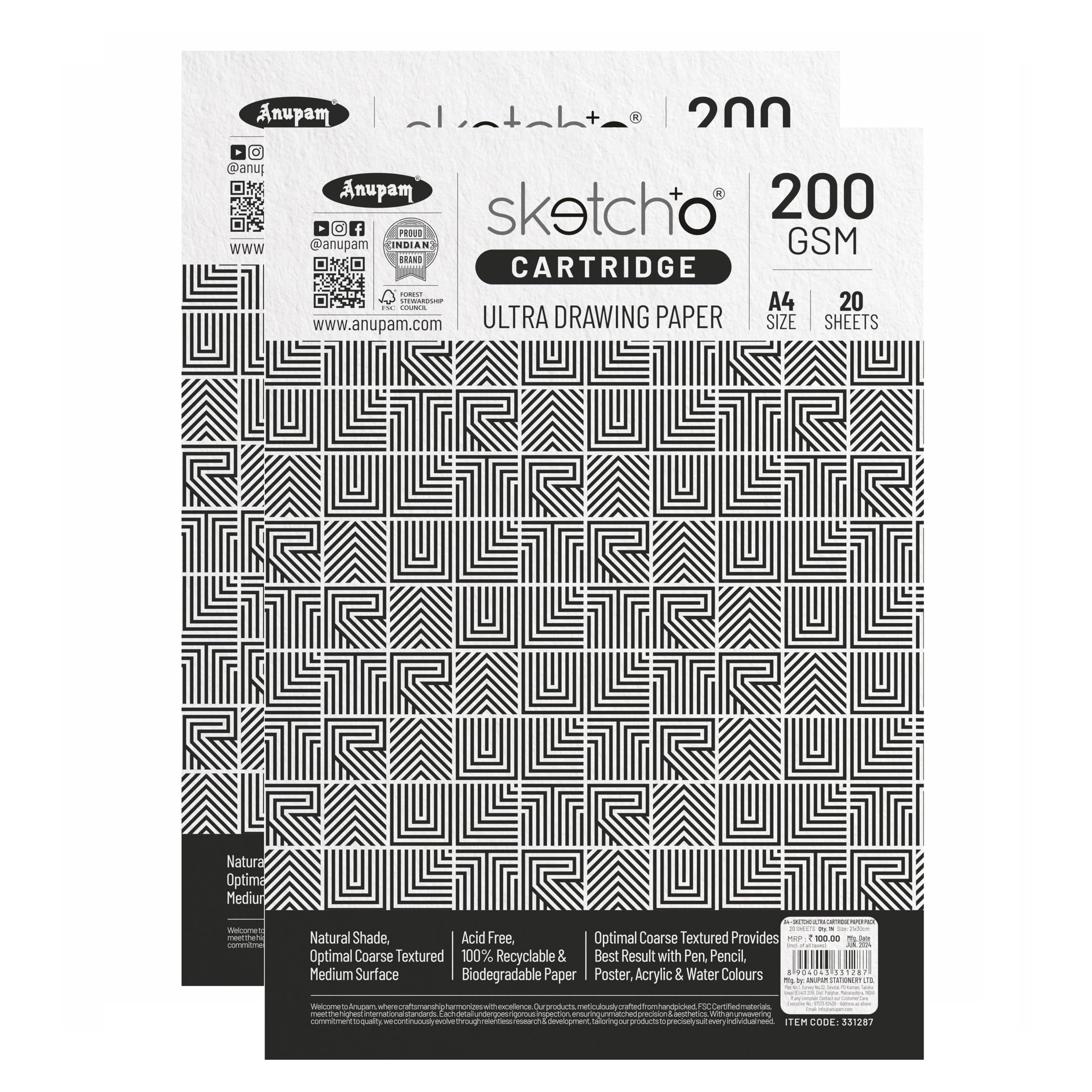 Anupam Sketch-O Ultra Artist Drawing Paper A4, 20 Pages, 200GSM, Durable Acid Free Drawing Paper Drawing Loose Sheet for Artists Kids & Professionals for Marker Colored,Pencil Charcoal (Pack of 2)