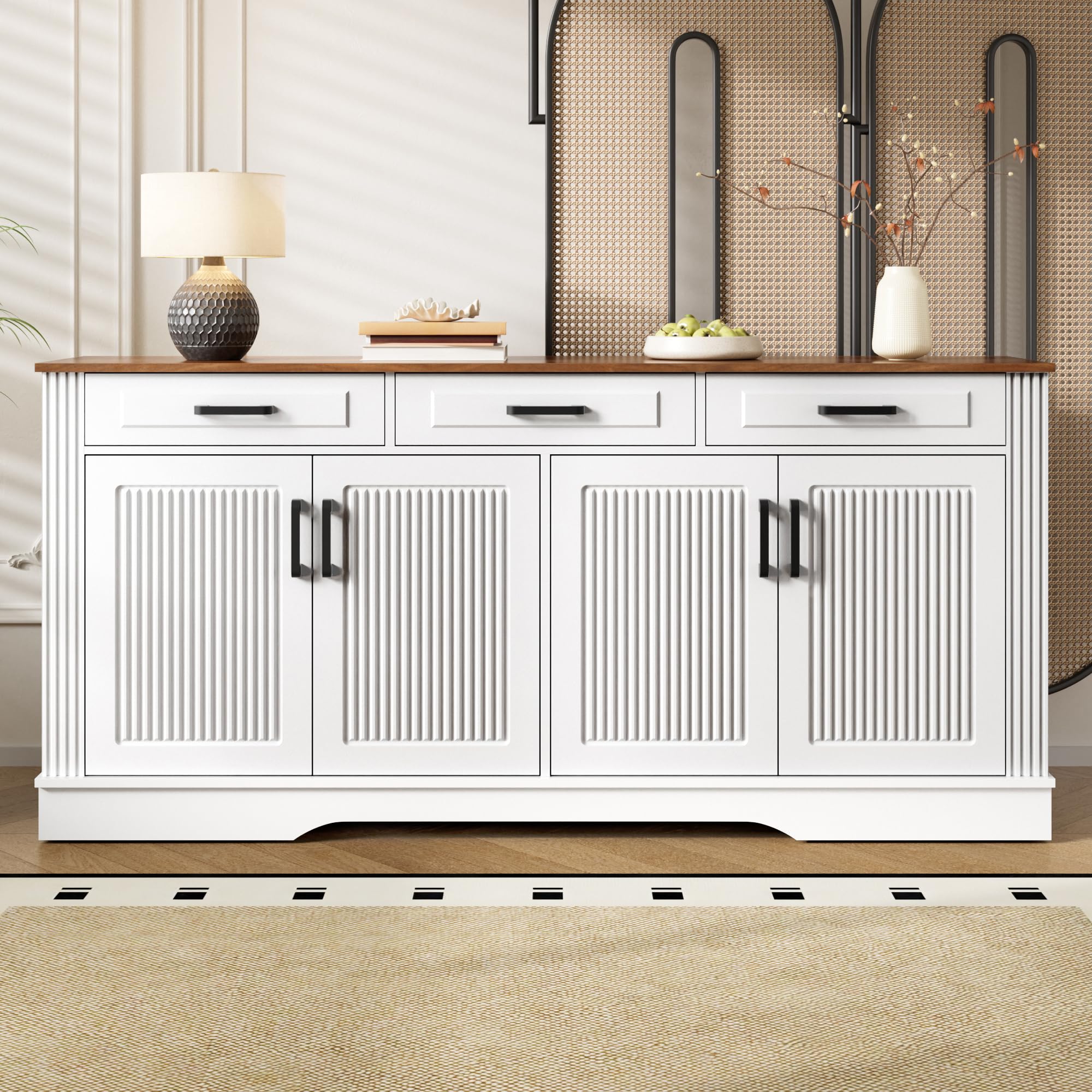 Sideboard Buffetschrank mit 4 Türen, 160 cm Küchenschrank Kommode mit 3 Schubladen, Moderne Stauraum Kücheninsel mit Regal, Aufbewahrungsschrank für Wohnzimmer, Esszimmer, Weiß, 160x40x75cm