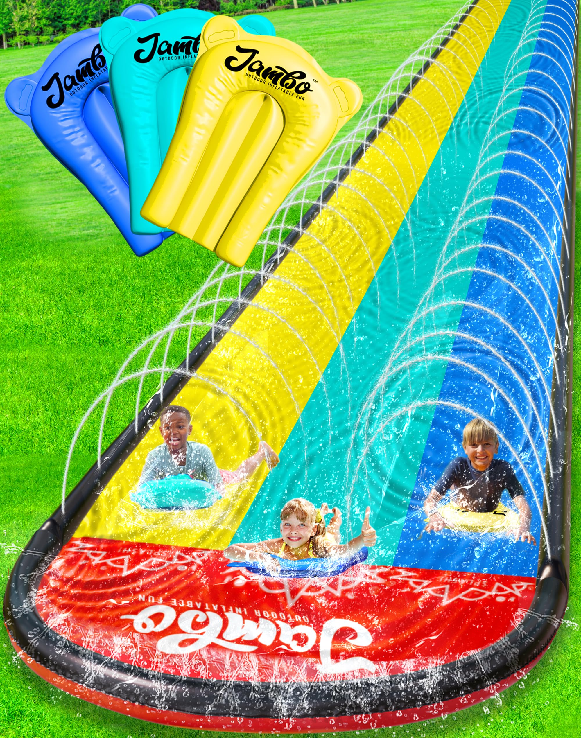 JAMBO 20Ft XL Premium 3 Lane Slip Splash and Slide with 3 Bodyboards, Heavy Duty Water Slide- Advanced 3-Way Water Sprinkler System, Backyard Waterslide Outdoor Water Toys n Slides for Kids Splash Pad