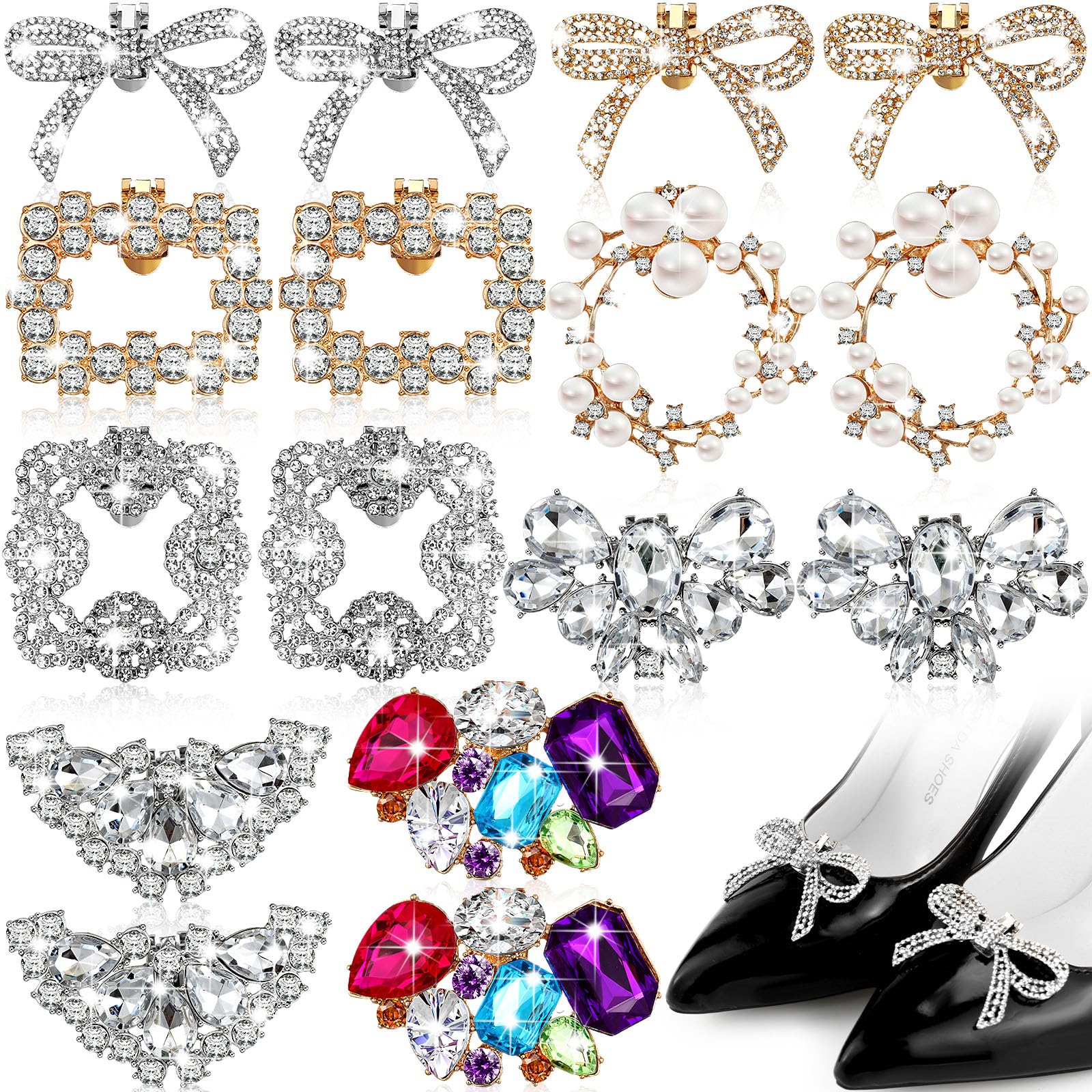 Maysing8 Pairs Rhinestone Shoe Clips Crystal Shoe Buckle Removable Wedding Bow Shoe Clips Bridal Women Shoes Jewelry Decoration Accessories Charms