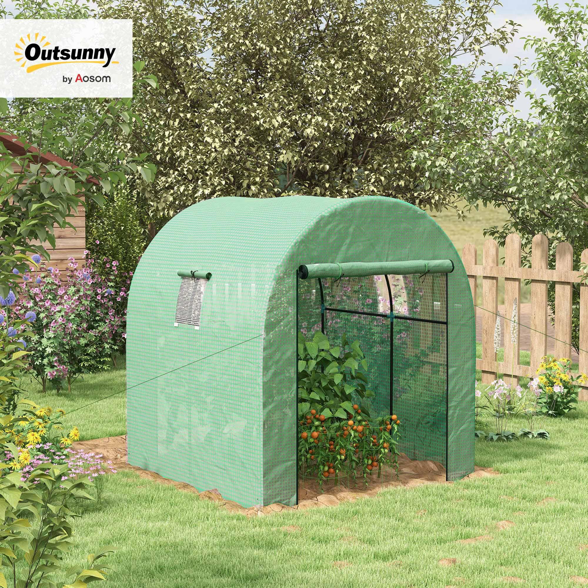 Outsunny Serre de Jardin Serre Tunnel de Jardin 3,24m² PE Haute densité 135 g/m², avec 2 Portes zippées enroulables 2 fenêtres en Maille, pour Toutes Saisons, 180 x 180 x 200 cm, Vert
