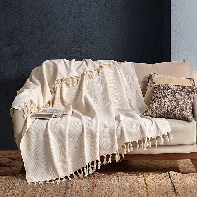 Milam London Cream Throw Blanket 100 Cotton Cream Throws For The Sofa Herringbone Throw