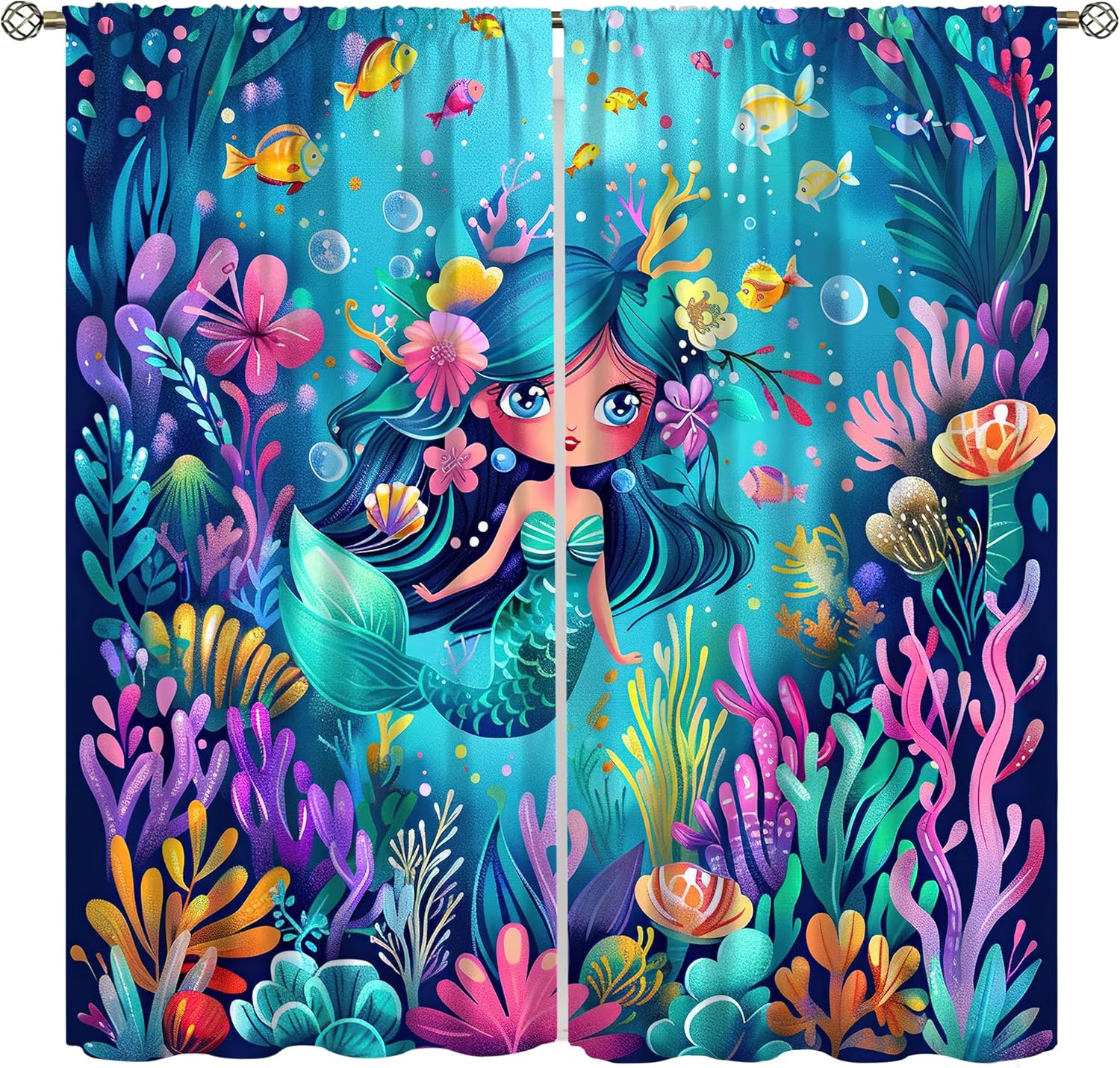 Cartoon Watercolor Mermaid Blackout Curtains Colorful Art Coral Sea Clownfish Fairy Tale Theme Rod Pocket Window Treatments for Kids Boys Girls Bedroom Kitchen Living Dining Cafe 42" W X 45" L