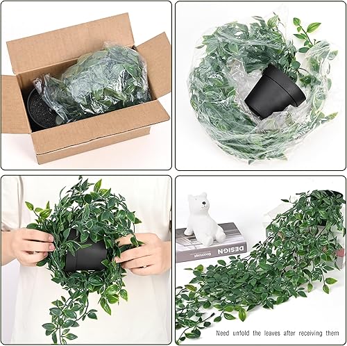 Miniatura 5 de Waipfaru 2 plantas colgantes falsas con maceta, hojas de eucalipto de color verde oscuro, resistentes a los rayos UV, plantas artificiales de