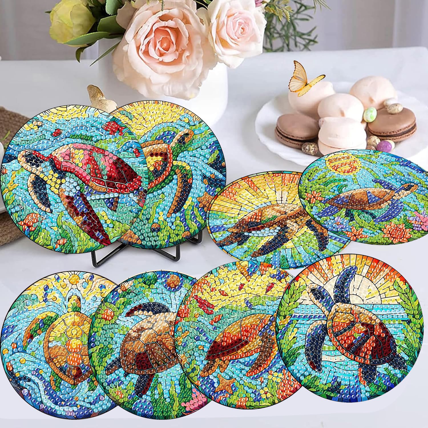 croshom 8 Pieces Diamond Art Painting Coasters Kit, Sea Turtle Diamond Art Coaster, DIY Diamonds Craft Kits for Adults and Beginners (Turtle Style) - Image 6
