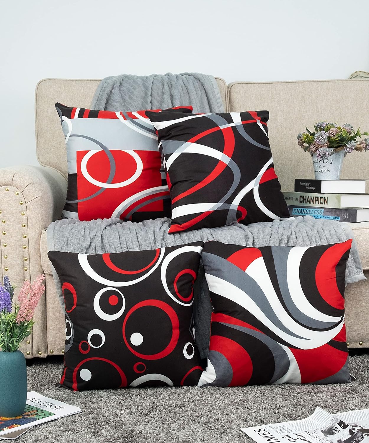 Red and Black Throw Pillow Covers 18x18 Inches Set of 4 Decor Decorative Throw Pillow Cover Abstract Modern Geometric Square Cushion Cases for Sofa Bed Couch 18''x18'' Black and Red