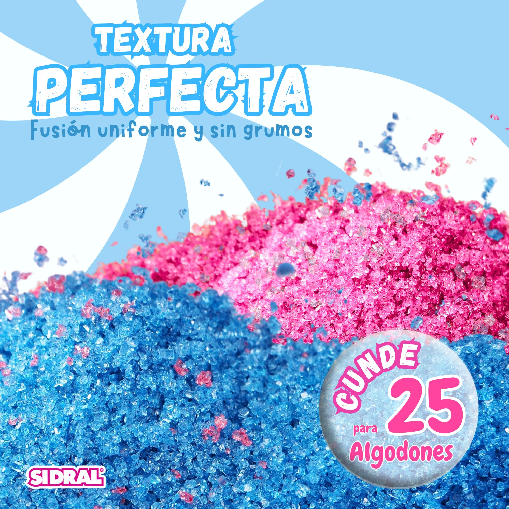 SIDRAL-Zucchero per Zucchero Filato (2x250 gr) - Set di 2 Gusti (Fragola / Lampone) - Aromi e Colori Naturali - 20 Bastoncini -