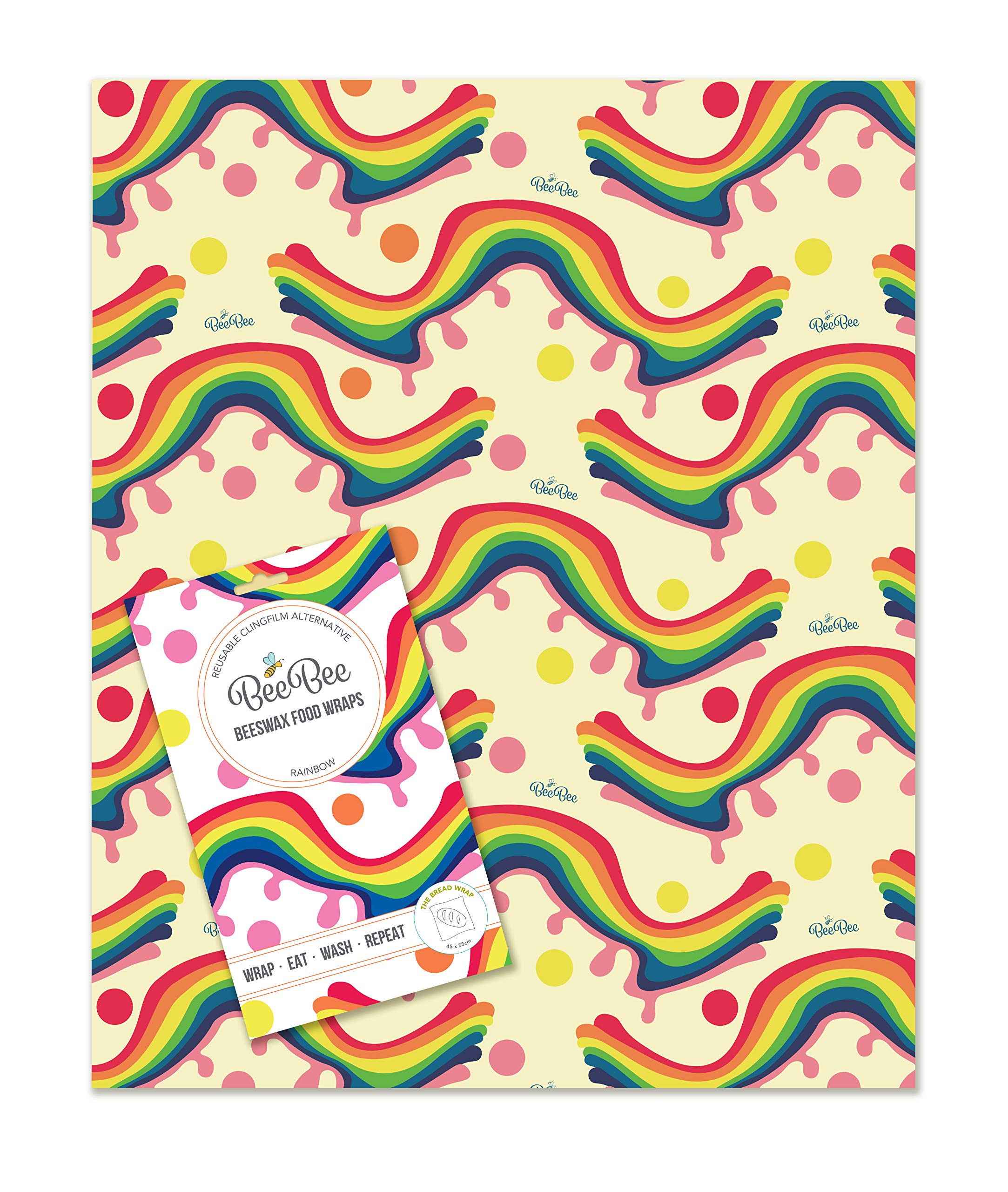 BeeBee & Leaf Wraps | 1 Bread Wrap | Rainbow Print | Organic Cotton and British Beeswax | Eco Friendly | Zero Waste | Clingfilm Alternative | Reusable