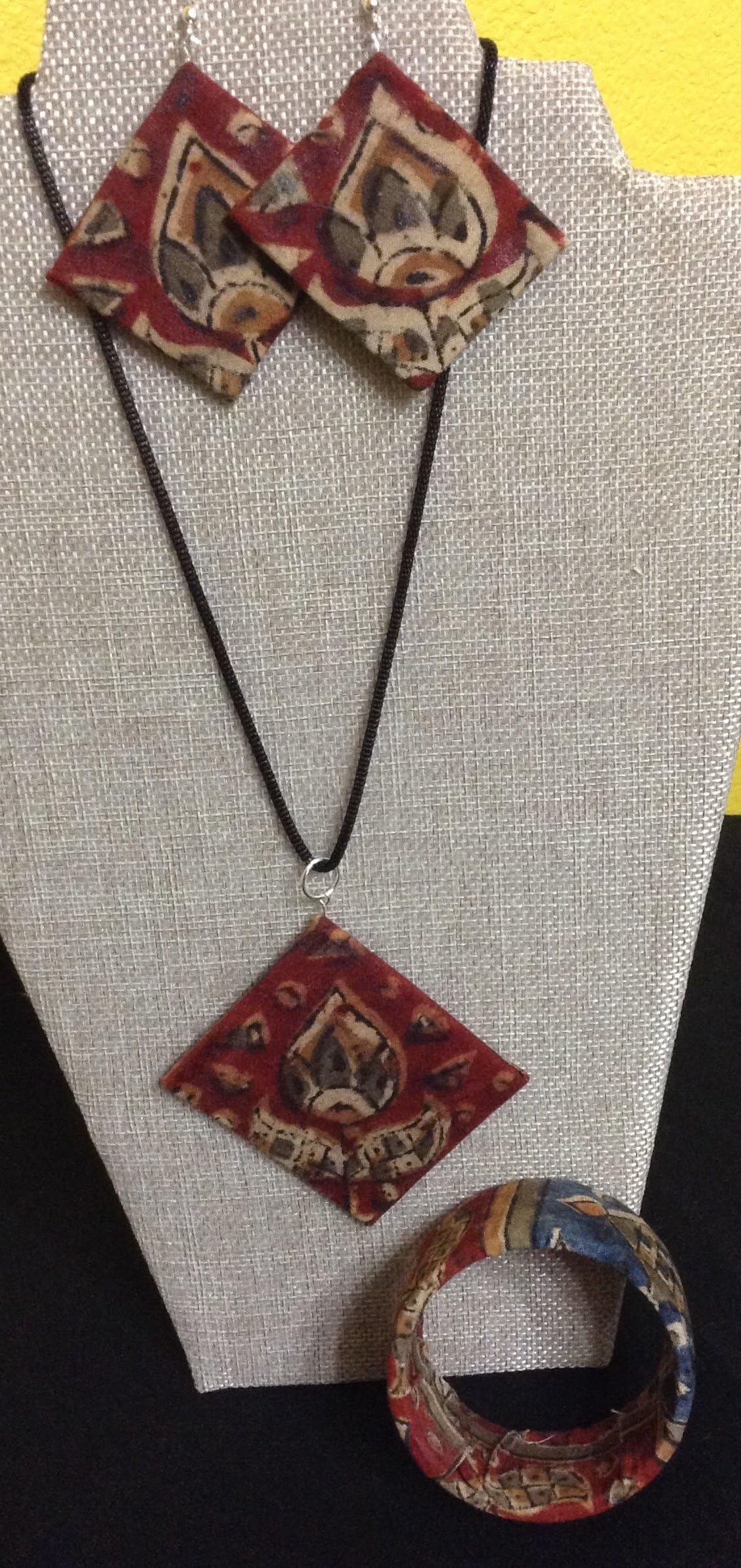 Kalamkari (Block Printed) Fabric Necklace, Earrings and Kada Bangle(Bracelet) Jewelry Set