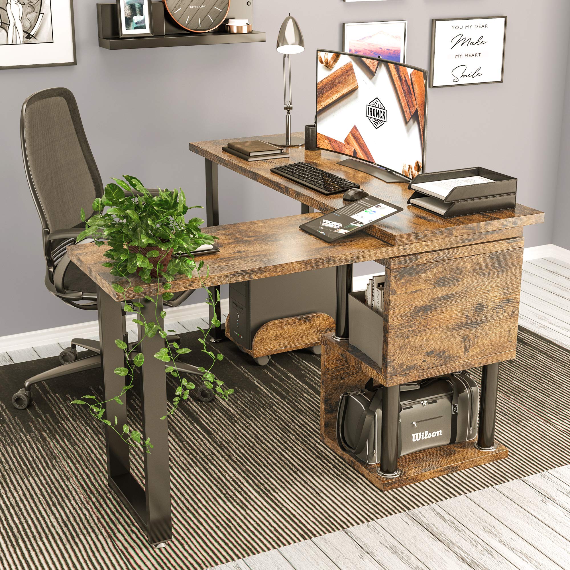 Buy IRONCK Industrial L Shaped Desk Computer, 360 Degree Free Rotated Corner Desk Computer Table