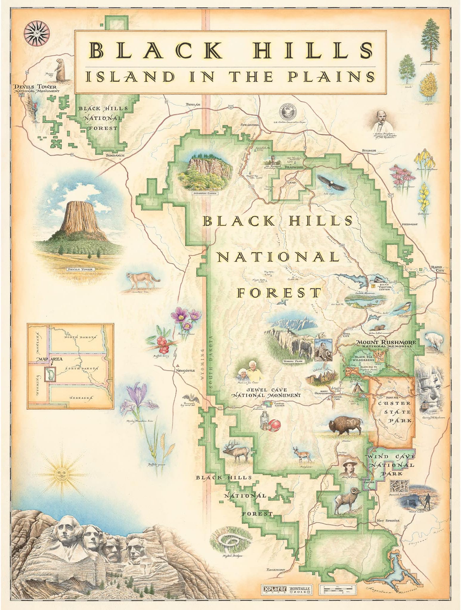 Black Hills National Forest Map Poster – Mount Rushmore & Devils Tower – 18x24 Vintage-Style Lithographic Print – Made in USA