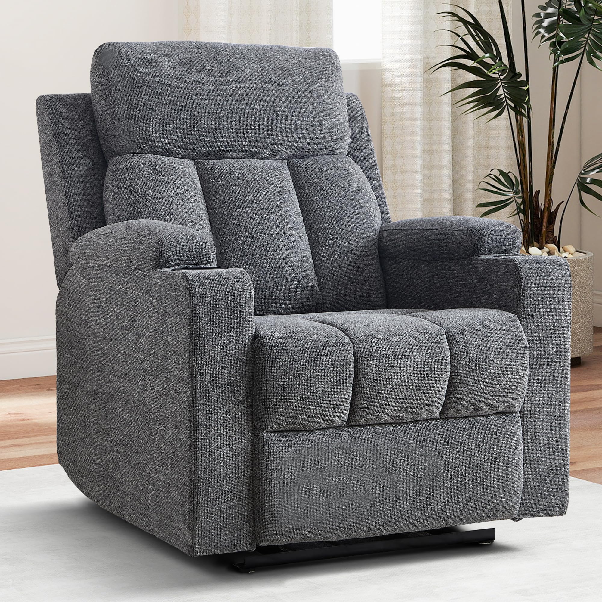 Simore Relaxsessel mit Liegefunktion, Fernsehsessel Manueller mit Getränkehalter, TV-Sessel mit Fußstütze und weicher Kopfstütze, bis 150 kg Belastbar, Schlafsessel für Wohnzimmer, Dunkelgrau