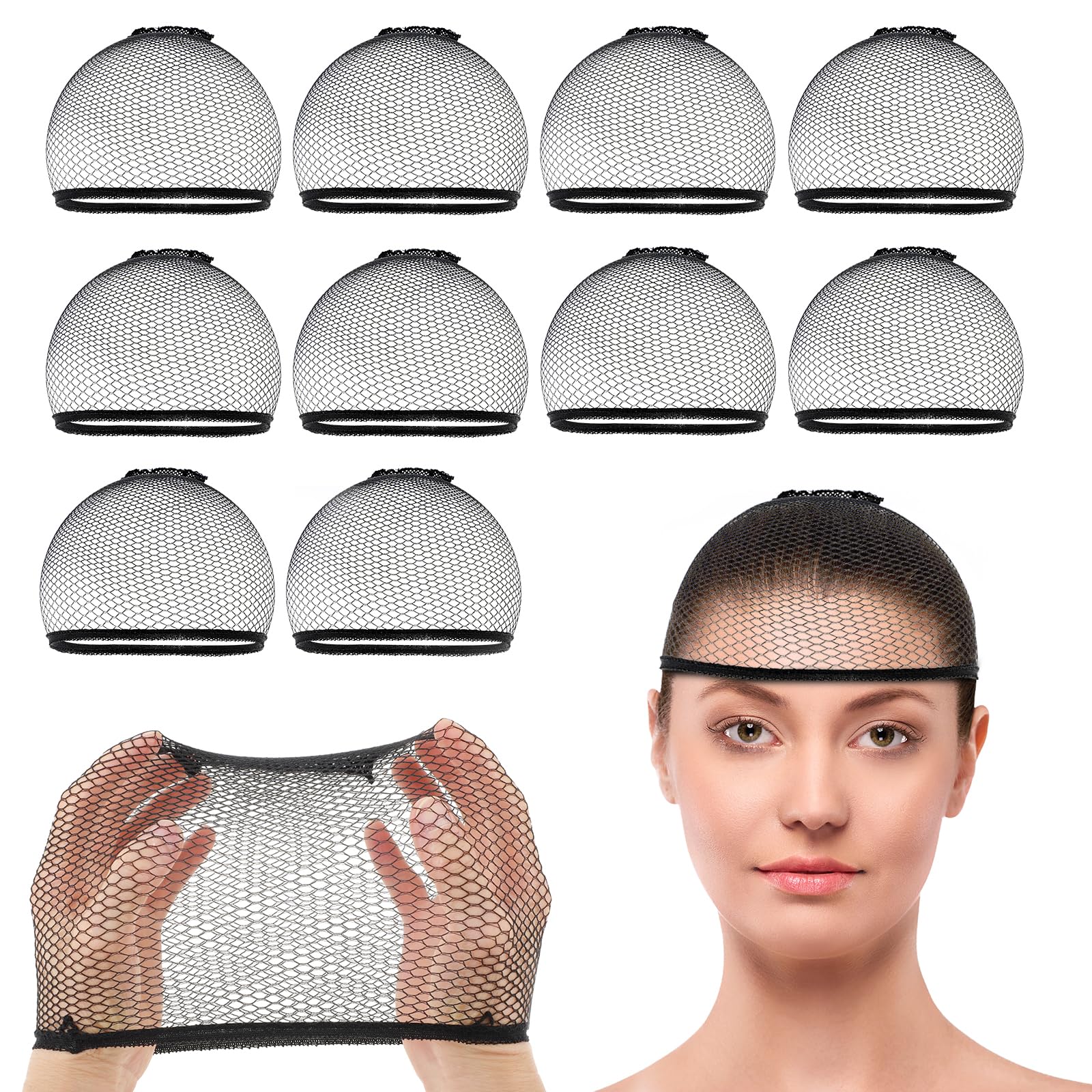 10 PCS Wig Caps Closed End Weaving Hair Net Liner Fishnet Wig Cap Black Hair Mesh Nets Cap Stretchable Sleeping Hairnet Snoods Wrap Bonnets for Women Men Long Thick Ballet