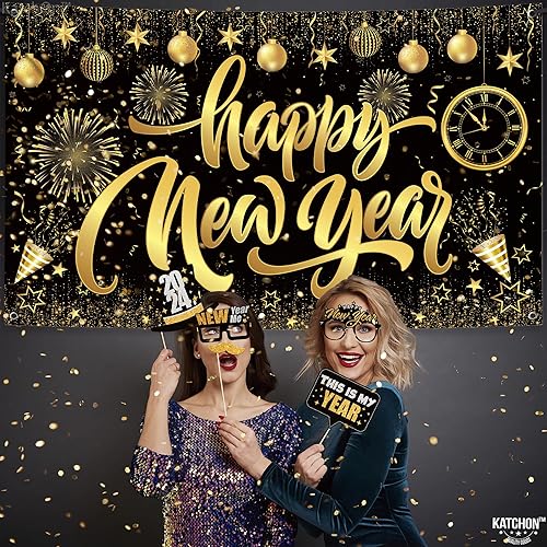 Miniatura 7 de KatchOn, Suministros para fiesta de Año Nuevo 2024, juego de 48  Cartel de feliz año nuevo negro y dorado, accesorios para fotos de Año Nuevo,