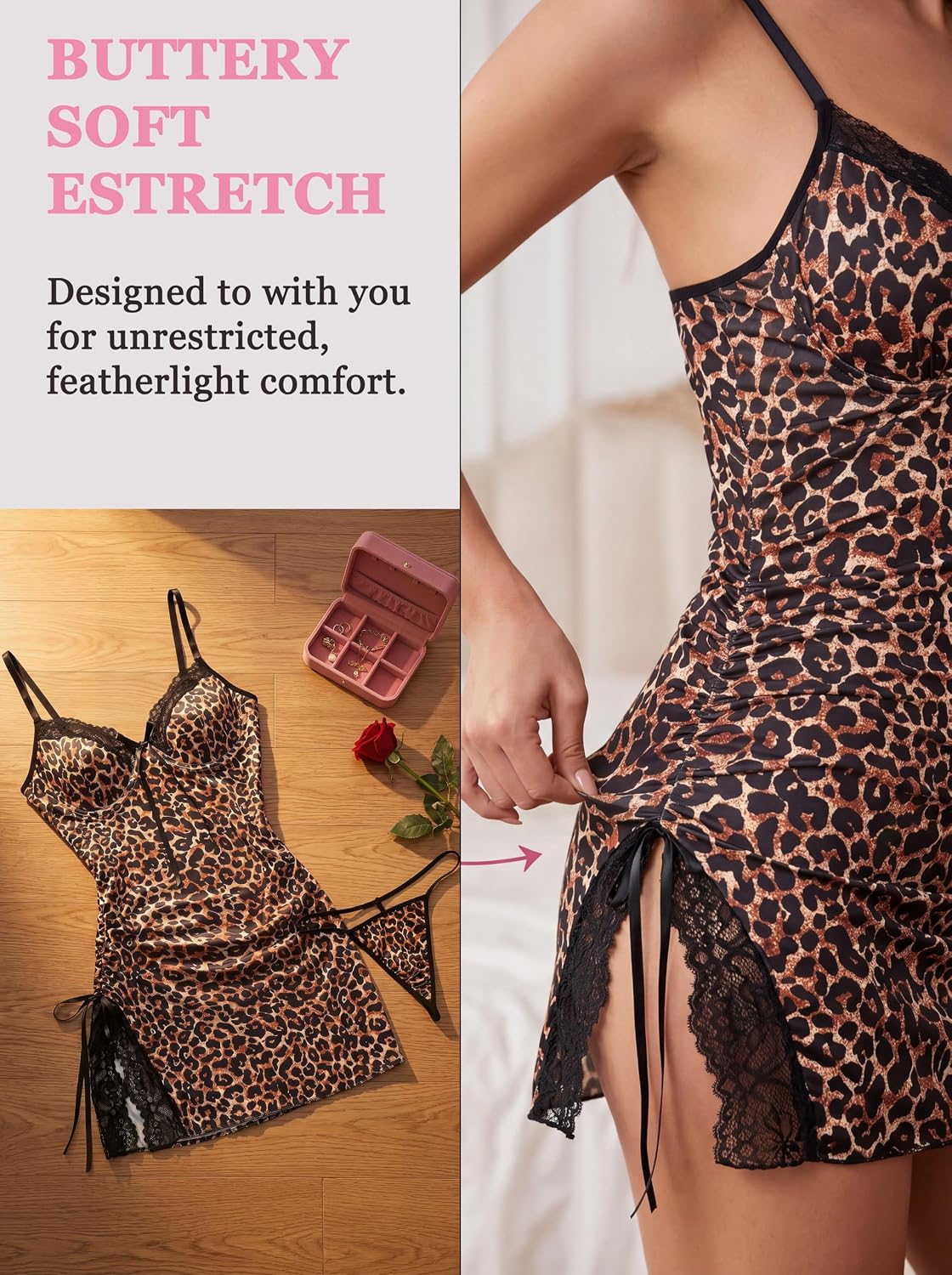 Lingerie Women's Chemises & Negligees,Side Ruching Slit,Adorned Lace & Bow,Nightgown Sleepwear Babydoll for Women