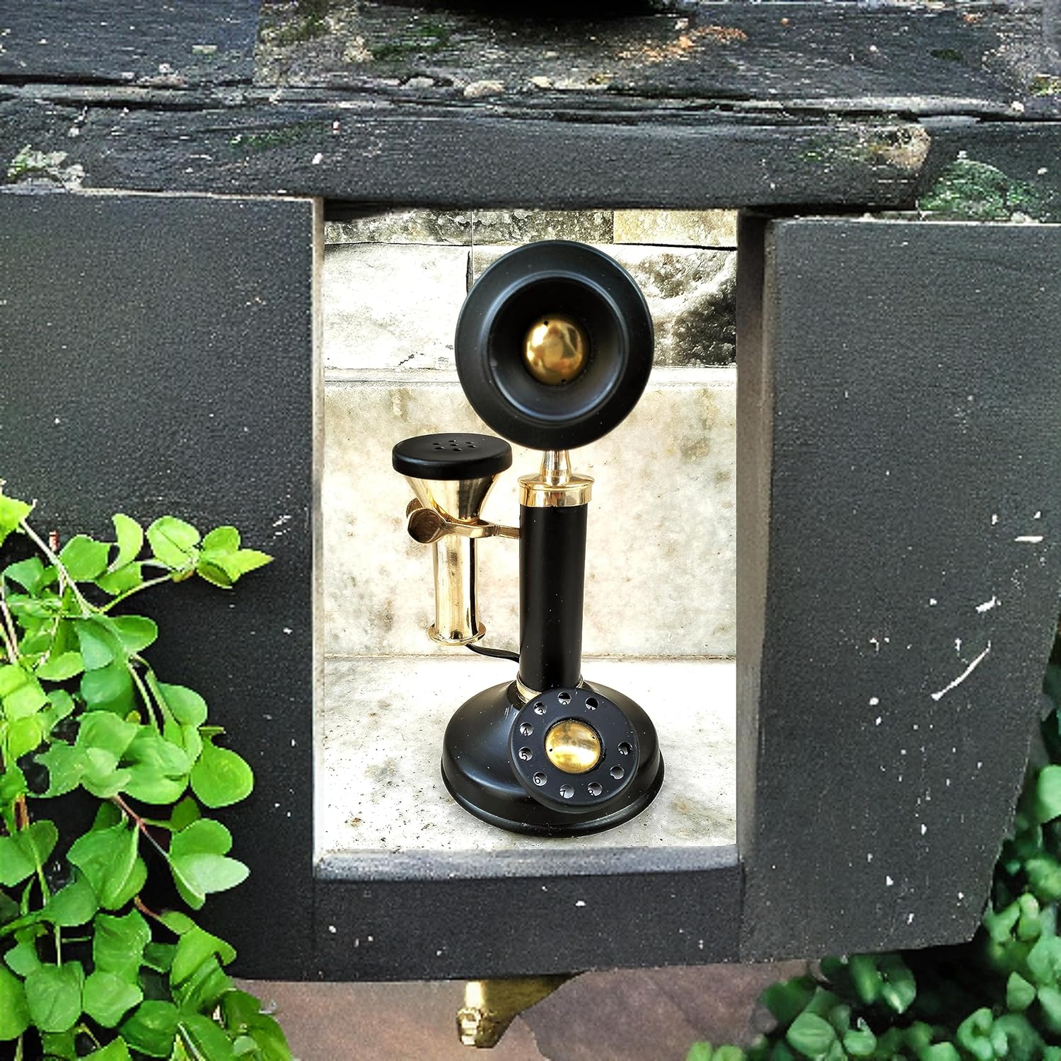 A Black Brass Finish Miniature Tabletop Telephone Small Candle Stick Telephone Brass Finish Rotary dial Vintage Model Ornament Collection - VintiquE