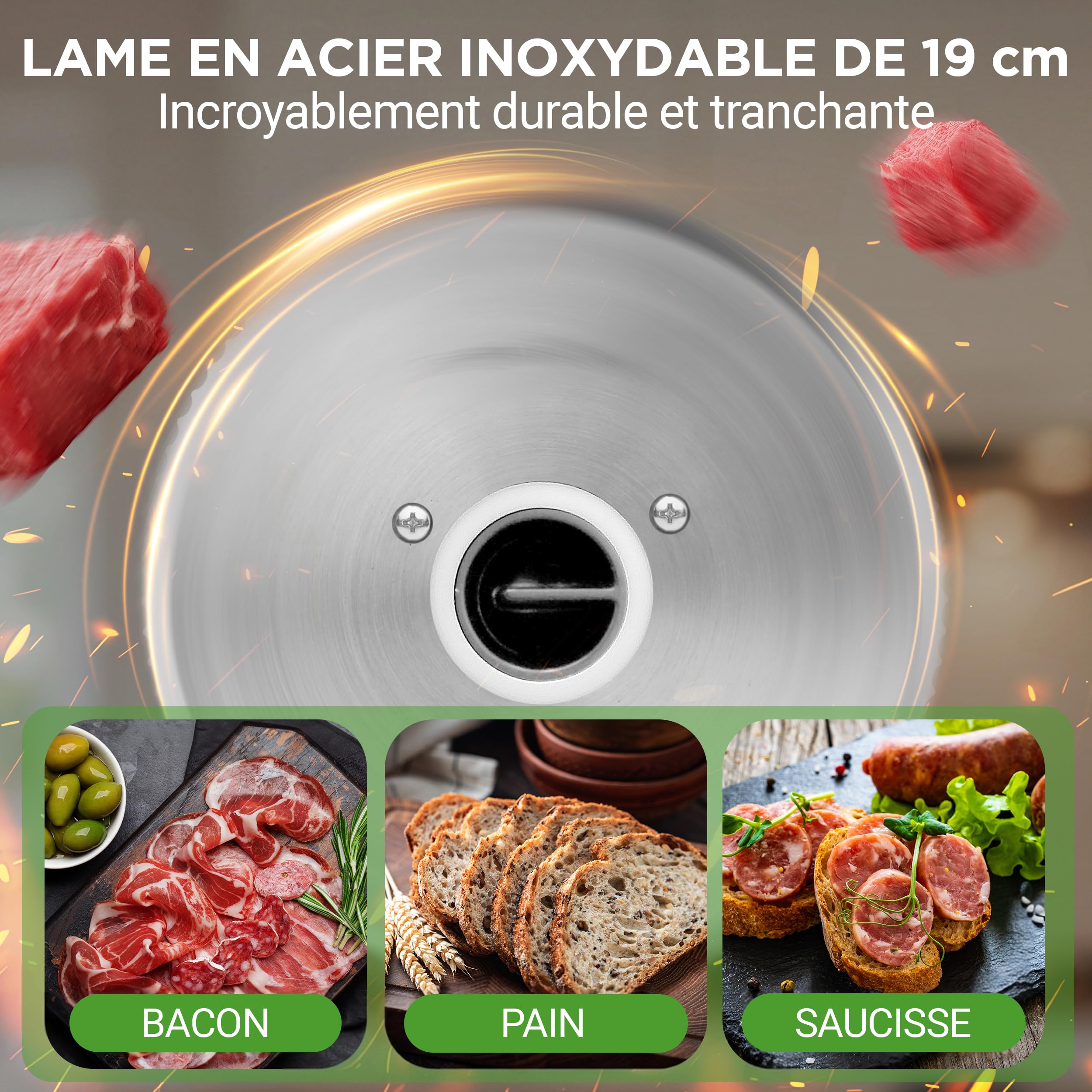 NutriChef Trancheuse Électrique 200 W pour Viande et Pain – Lame Amovible Inox 19 cm, Épaisseur Réglable 0 à 15 mm, Trancheuse Automatique Compacte, Noir