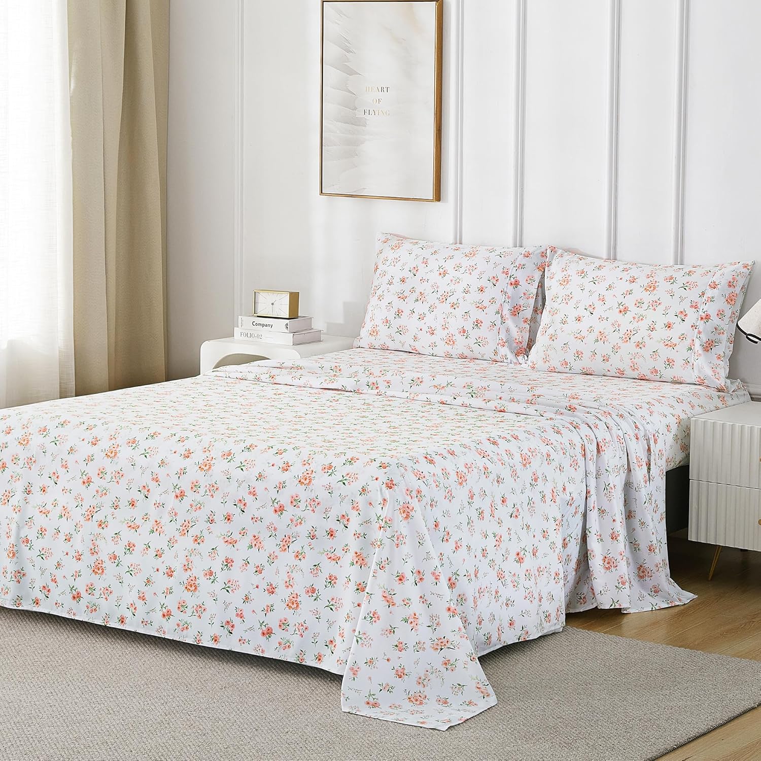 Viviland Floral Full Sheet Set - 4 Piece Vintage Pink Flower and Leaves Patterned Bed Sheets - Soft, Breathable Microfiber Sheets with Deep Pocket, Non-Slip Fitted Sheets & Pillowcases - Image 2