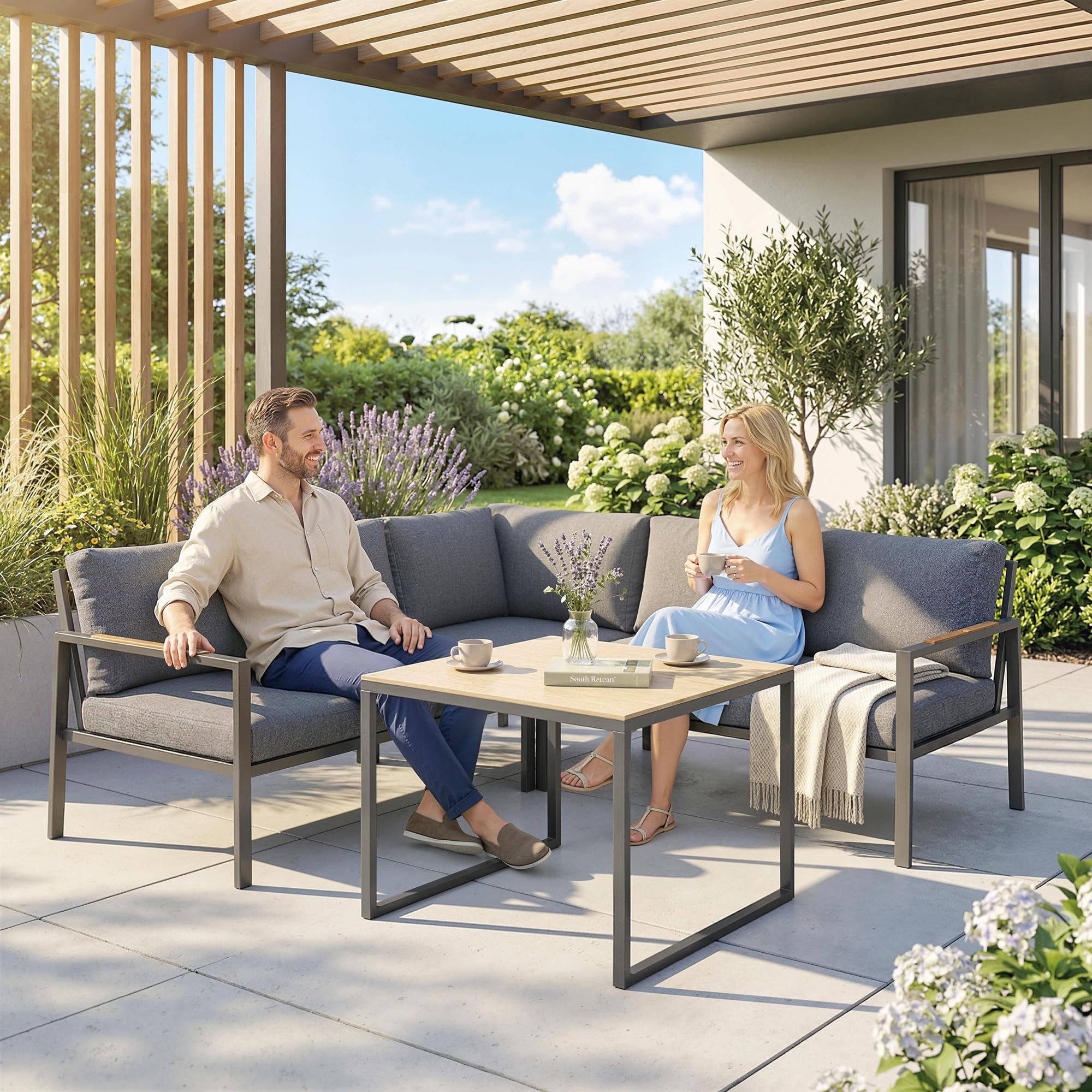 Outsunny Soggiorno da giardino esterno 3 Pezzi 5 per. 2 Divani Grigio Scuro | Cuscini rimovibili spessi, 1 tavolino da caffè con piano in vetro, set da divano esterno, per terrazza balcone