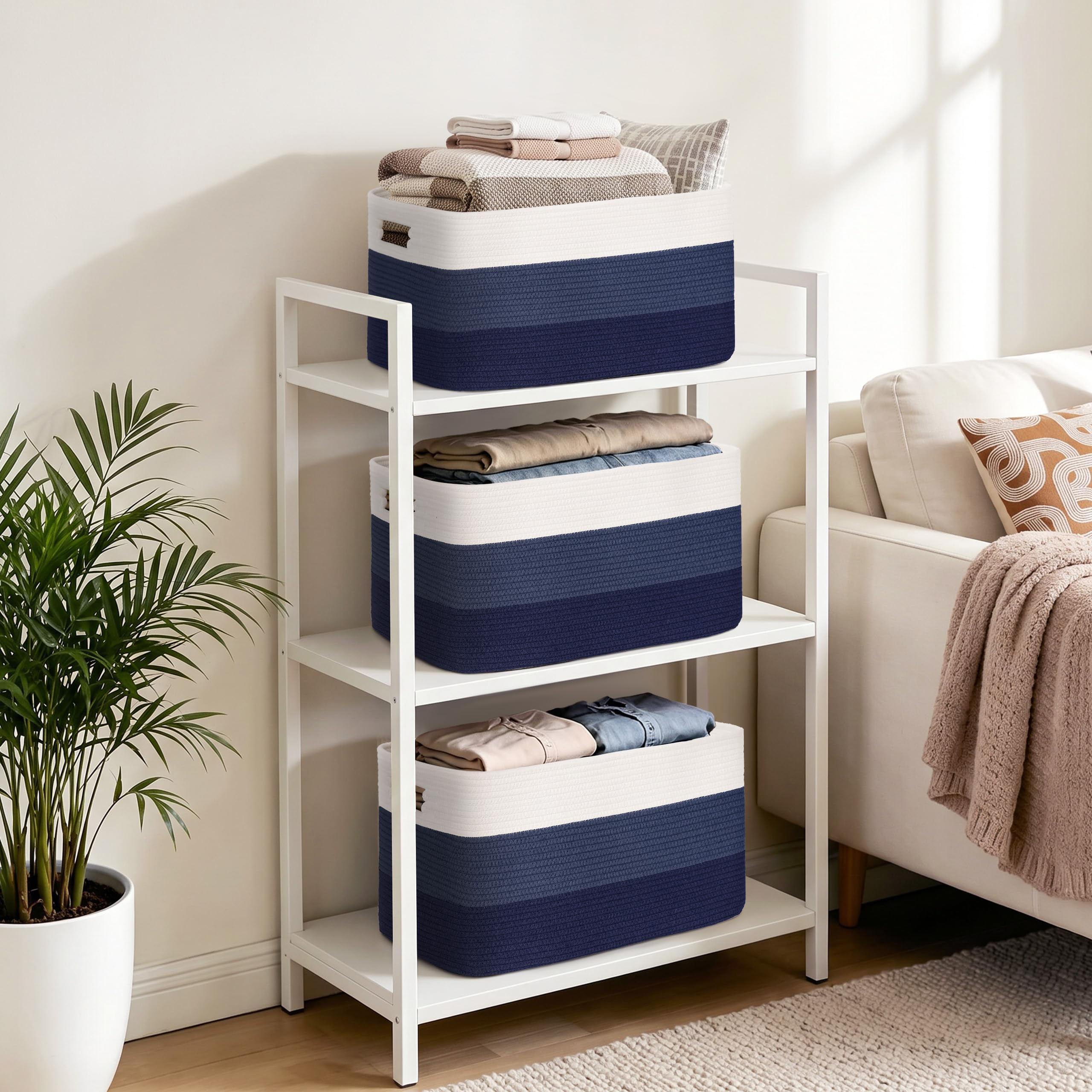 Gran organizador 60L en cuerda de algodón, cesto para juguetes, mantas, ropa, trenzado con asas, recogedor de ropa de tela para decoración de habitación infantil o salón, degradado azul