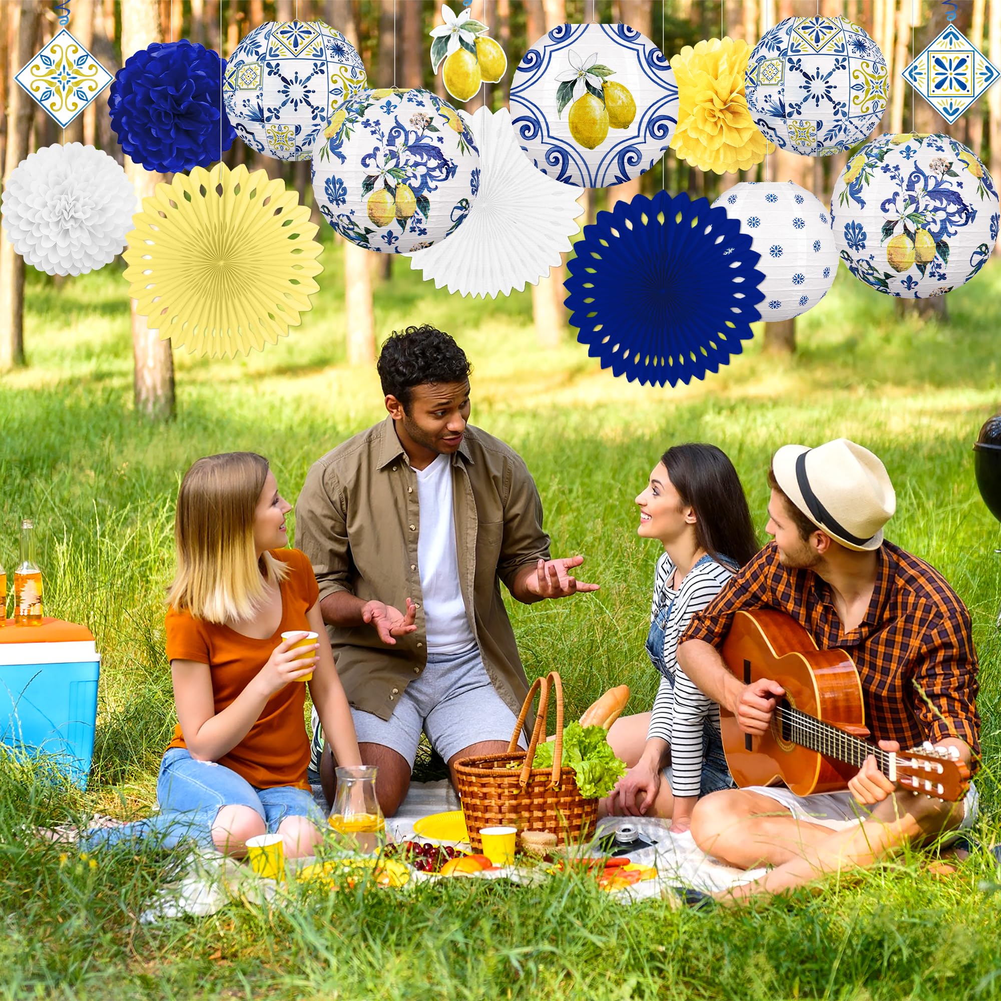 Lot de 15 lanternes en papier citron pour décorations de fête : côte amalfitaine Capri jaune et bleu Carreaux méditerranéens à suspendre pour fête prénuptiale, anniversaire, mariage – Style 2