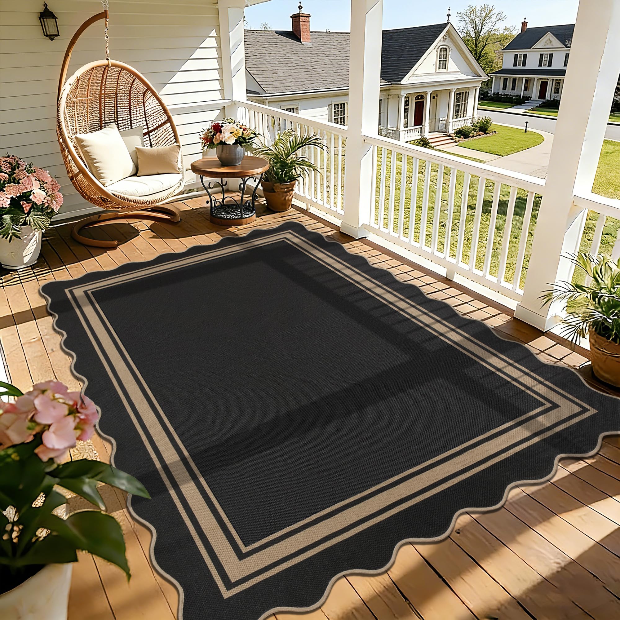 Photo 1 of 5x7 Scalloped Rug Easy Jute Washable Outdoor Patio Rug for Living Room Indoor Outdoor Black Geometric Neutral Carpet for Backyard Patio Dining Room