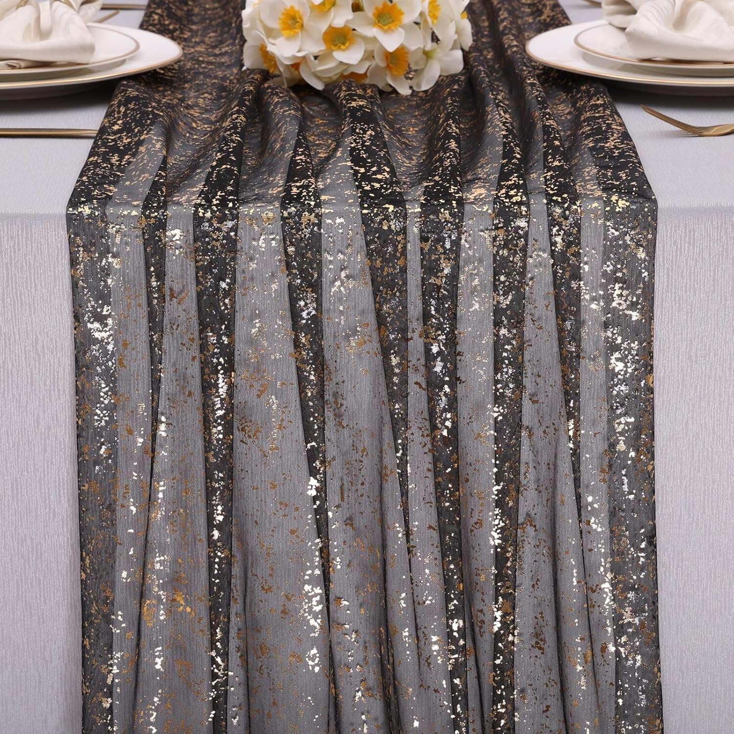 Kesfey 10FT Black Gold Glitter Gauze Table Runner 120 Inch Black Glitter Metallic Foil Sheer Cheesecloth Tulle Sequin Table Runner for Weddings Party Dining Table Halloween Decorations