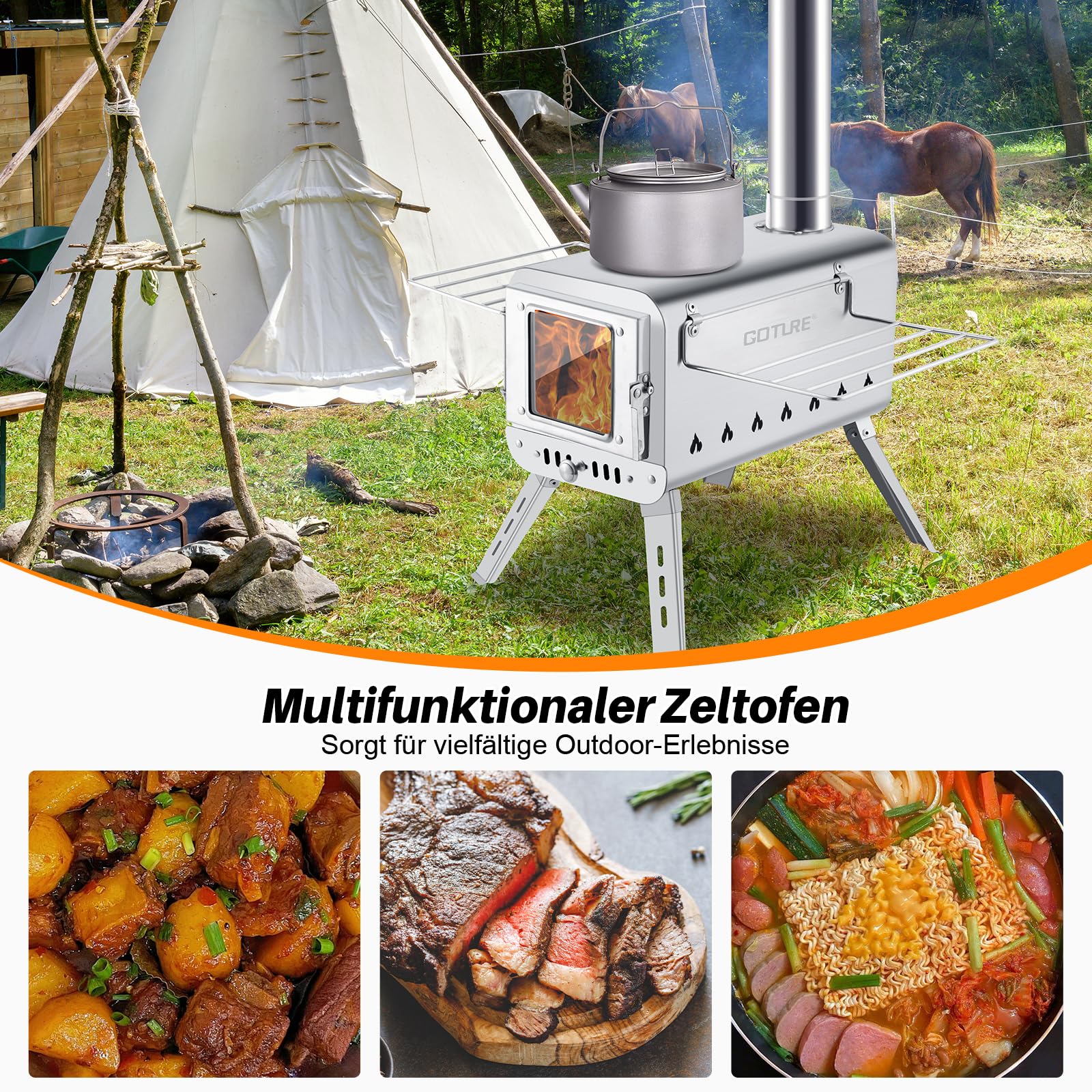 Goture Zeltofen Tragbarer Campingofen mit Sekundärverbrennung | Holzofen aus 1.5mm Edelstahl | Für Zelt, Garten, Outdoor | Mit Ofenrohr & Schutzhülle