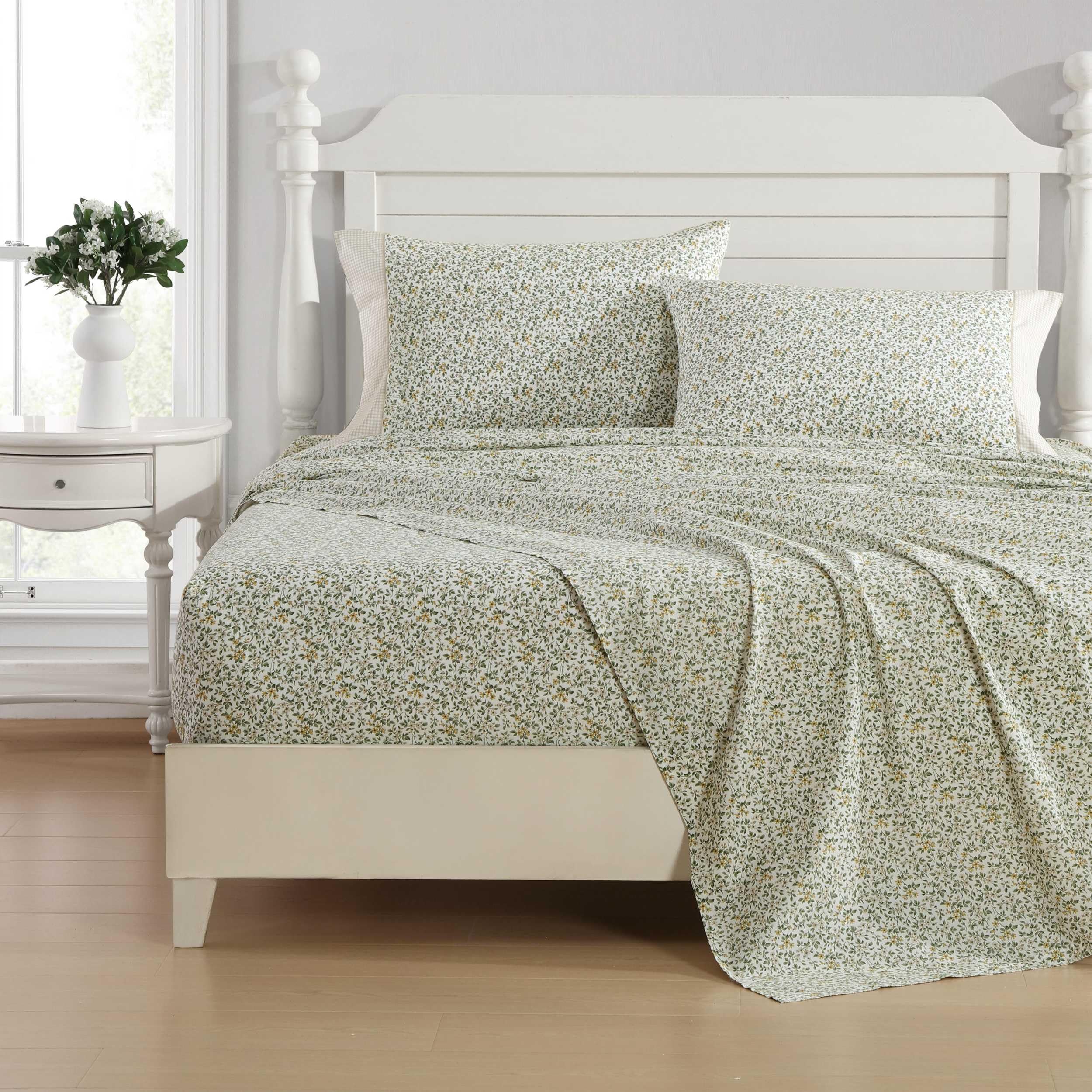Laura Ashley - Juego de sábanas tamaño Queen, Ropa de Cama de algodón percal Transpirable con Bolsillos Profundos, decoración Elegante para el hogar, Certificado Oeko-Tex (Tierney Green, Queen)
