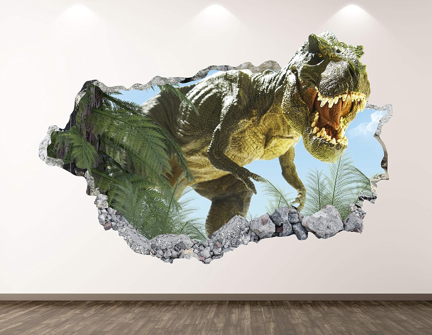 T-Rex Dinosaur Wall Decal Art Decor 3D Jungle Smashed Sticker Poster Kids Room Mural Custom Gift BL175 (70"W x 40"H)