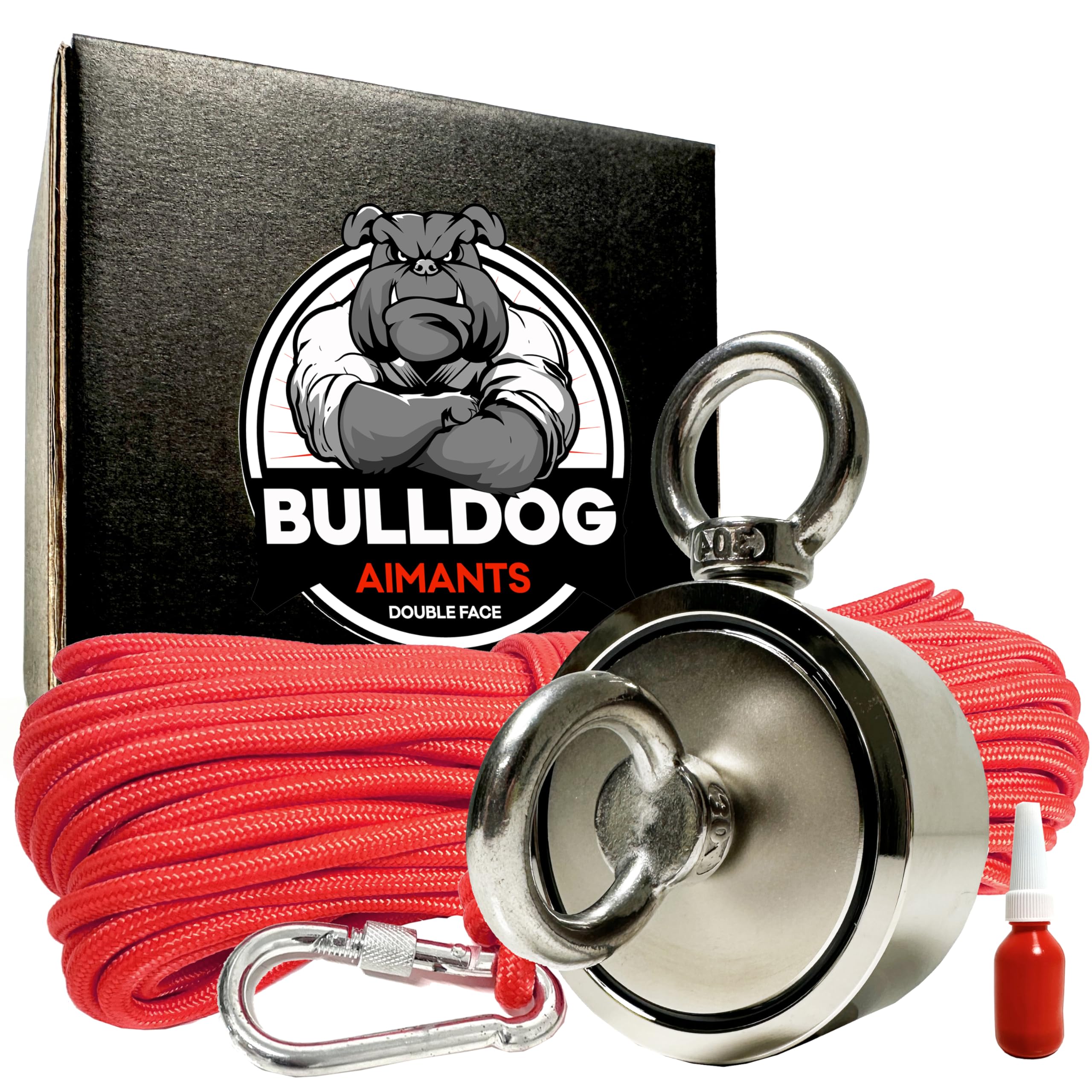 AIMANT NÉODYME BULLDOG DOUBLE FACE 420KG + CORDE RENFORCÉE 30M (8MM) + COLLE - Aimant Pêche Puissant - Pêche Magnétique