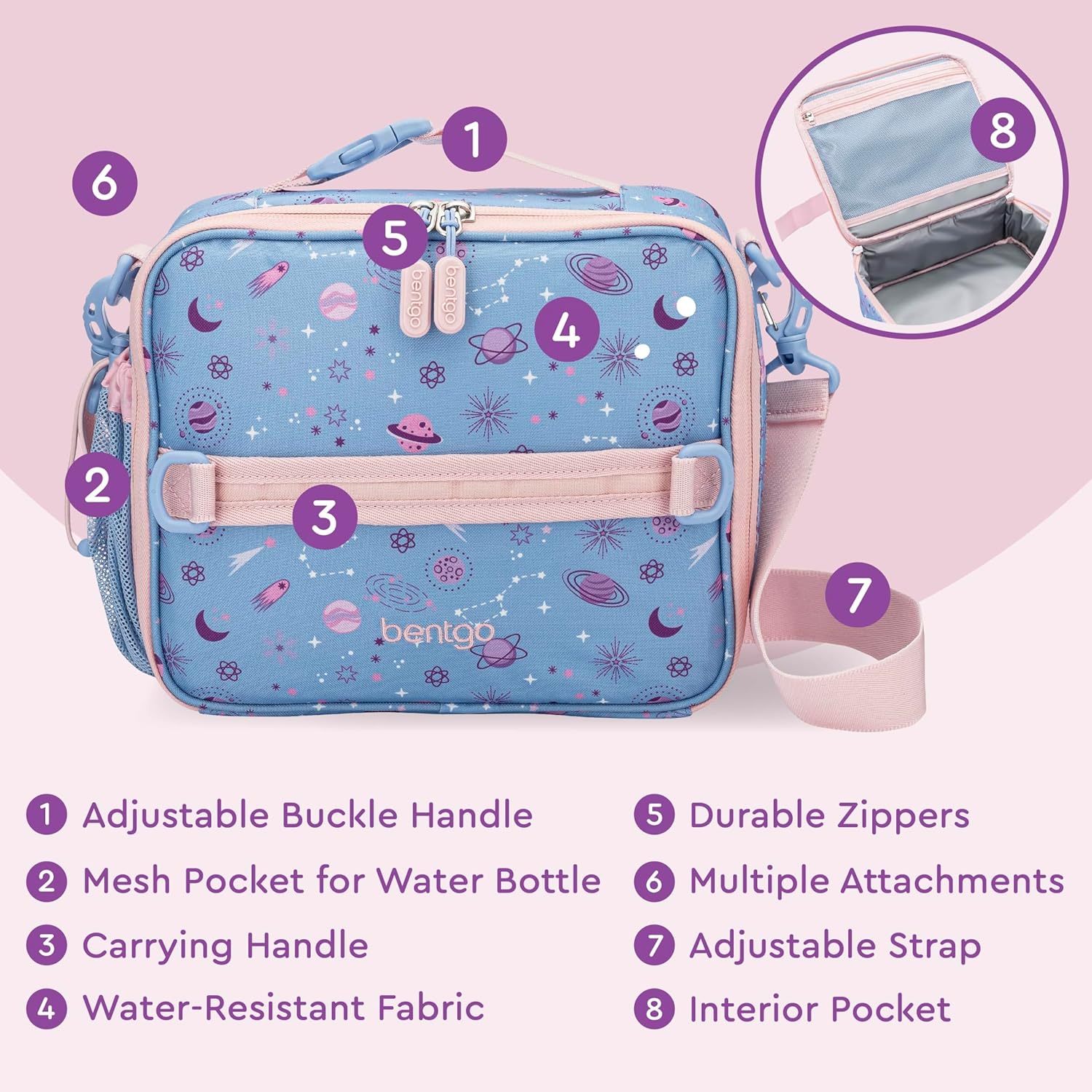 Bentgo Kids Lunch Bag - Durable, Double-Insulated Lunch Bag for Kids 3+; Holds Lunch Box, Water Bottle, & Snacks; Easy-Clean Water-Resistant Fabric & Multiple Zippered Pockets (Lavender Galaxy) - Image 5