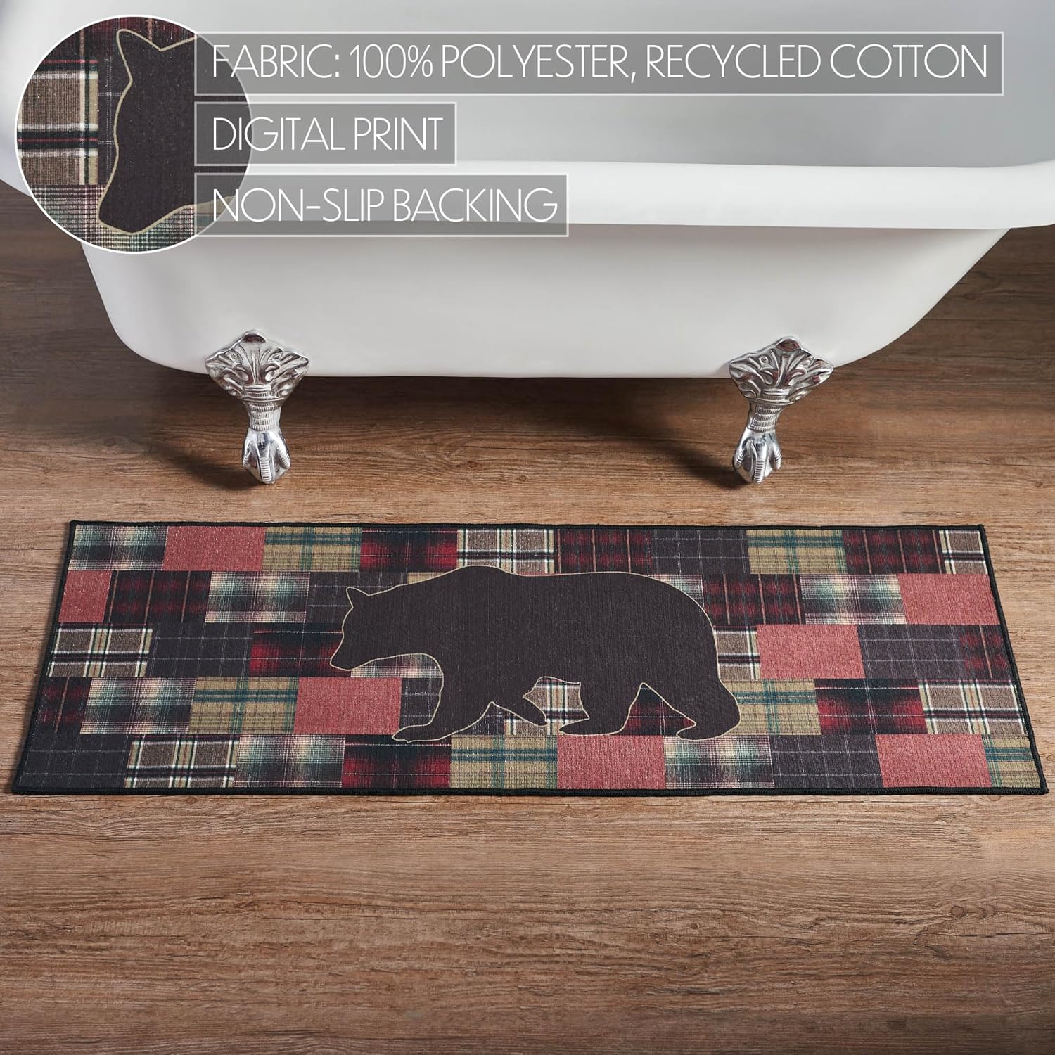 VHC Brands Bathroom Bath Mat, Polyester Floor Rug for Shower, Digital Print, Wyatt Collection, Rectangle 17x48, Bear, Crimson