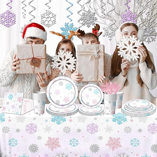 Miniatura 6 de 142 piezas de vajilla de copo de nieve de Navidad decoración de fiesta de invierno copo de nieve púrpura colorido tema del país de las maravillas