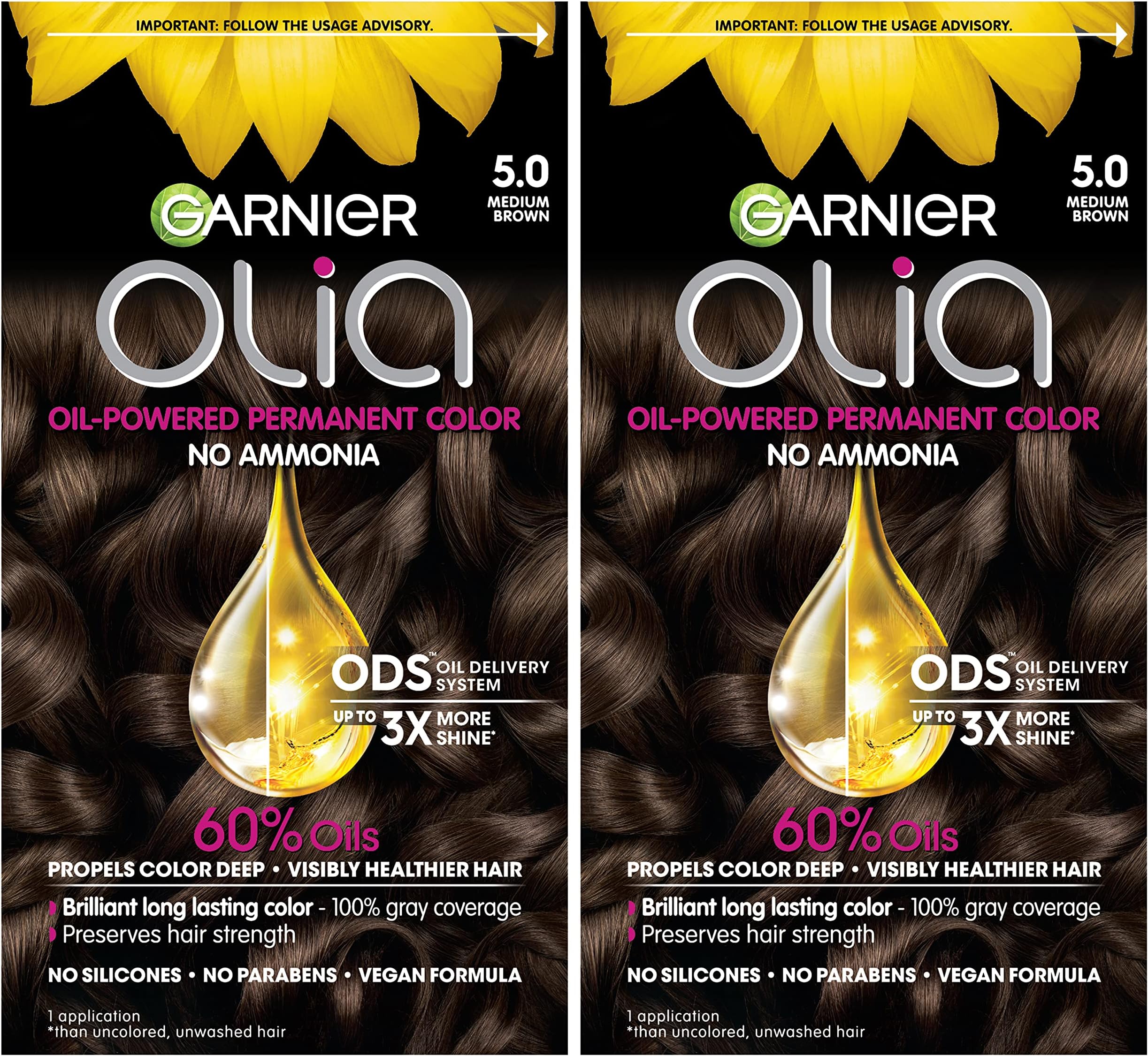 Olia Hair Color, Ammonia-Free Permanent Hair Dye, Oil-Powered Formula for 100% Gray Coverage and 3x Shinier Hair, Vegan & Cruelty Free, 5.0 Medium Brown, 2 Count