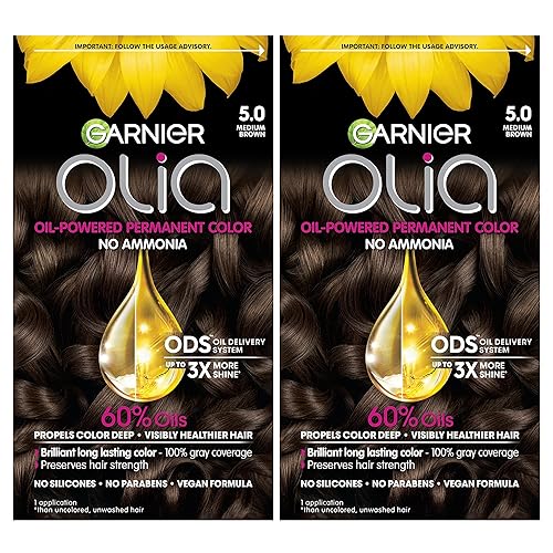 Garnier Olia Tinte para el cabello permanente rico en aceite de color brillante sin amoníaco, 5.0 marrón medio (paquete de 2) tinte para el cabello