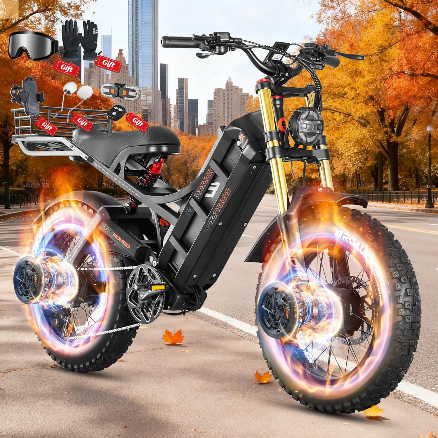 eAhora Romeo Pro/Romeo 2/Romeo Ultra 42 Mph 3000W Electric Bike for Adults 60V 70Ah 100-200Miles Long Range Ebike 26" Fat Tire Full Suspension Electric Bicycle for Delivery and Commuting