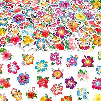 HOWAF 200pcs Hibiscus Foam Stickers, Hawaii Flower Hibiscus Flowers Aloha Foam Self-Adhesive Stickers for Summer Tropical Luau Decor, Hawaii DIY Crafts Sticker Floral Decals