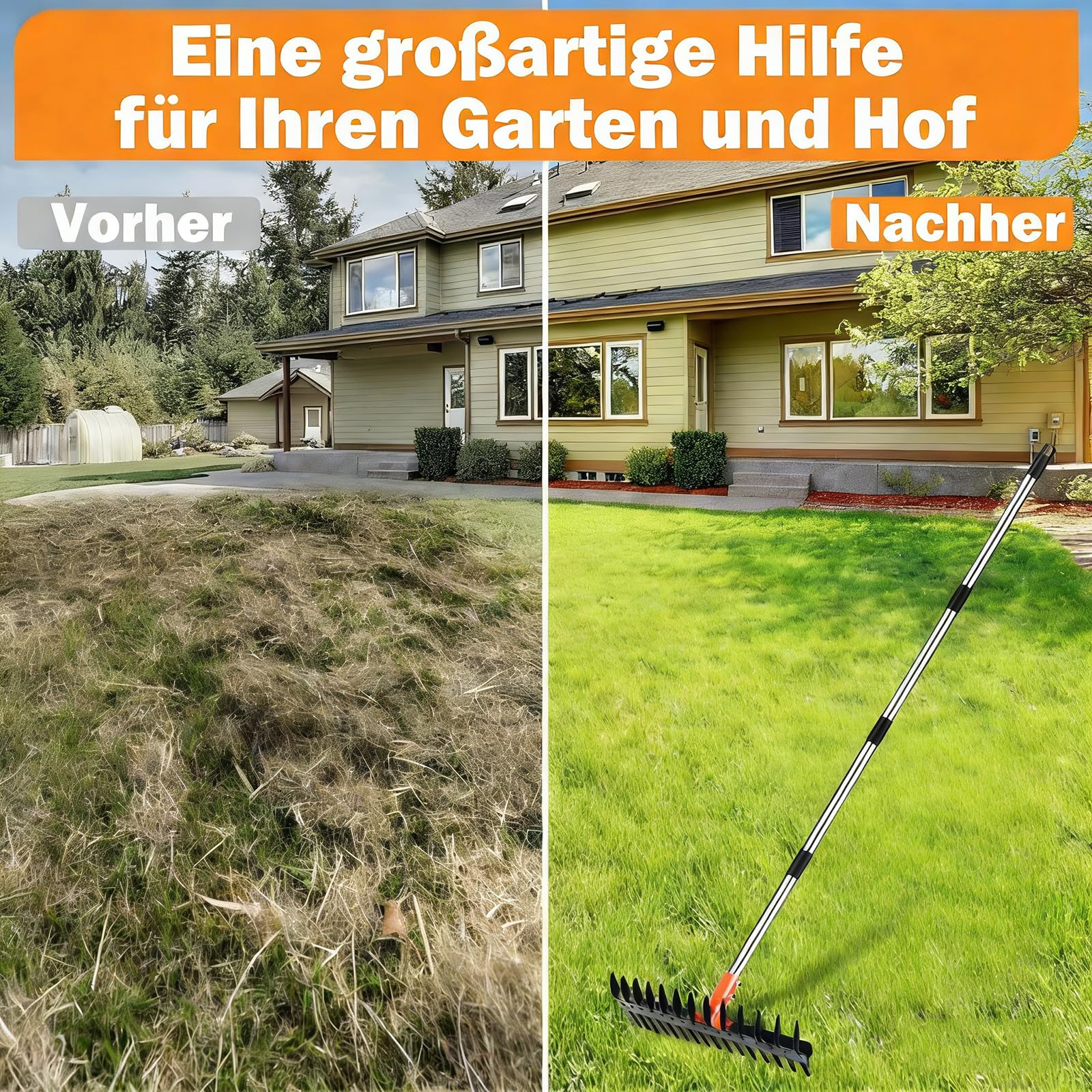 Vertikutierrechen für Rasenflächen – 38 cm breiter Rechen mit Zwei-Seiten-Zinken & 145 cm verstellbarem Stiel, Hochbelastbarer Gartenrechen aus Stahl inkl. Rutschfester Handschuhe