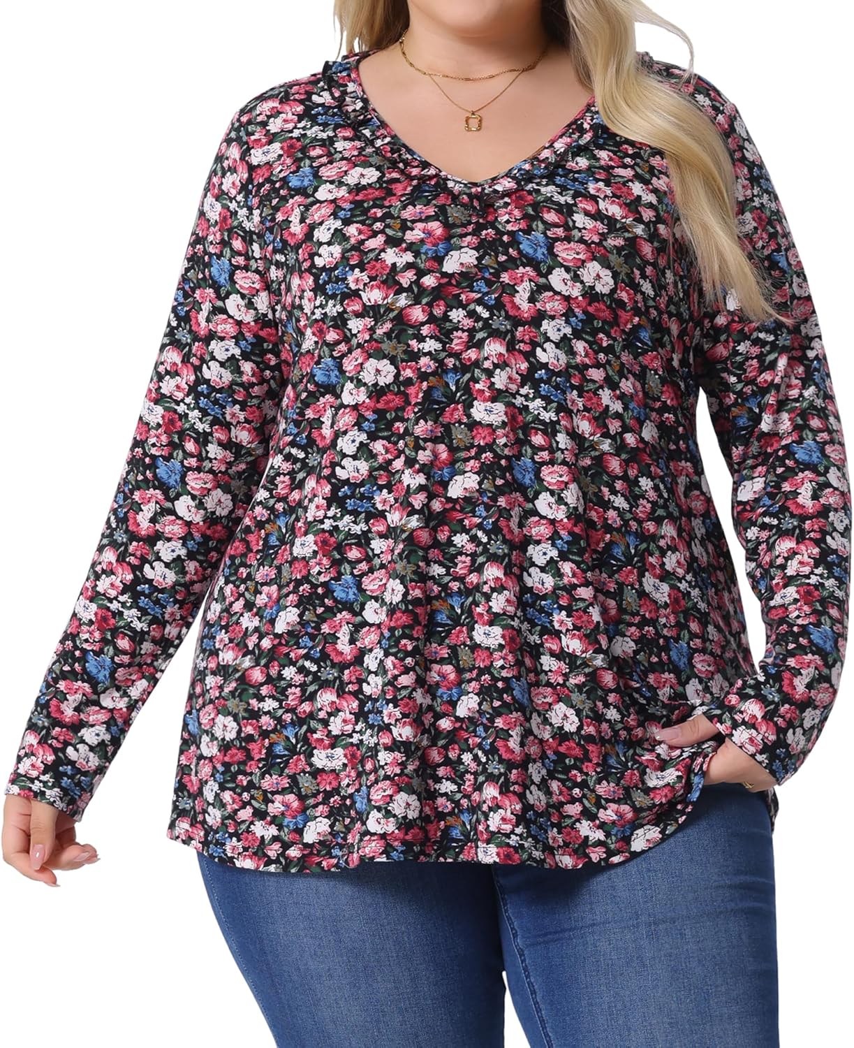 Agnes Orinda Plus Size Floral Tops for Women 2024 V Neck Long Sleeve t Shirt Ruffle Tunic Blouses Top Fall