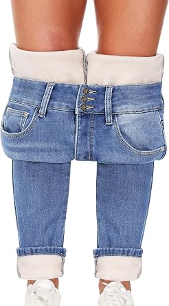 Fleece Lined Jeans Women Thick Thermal Flannel High Waist Winter Warm Pants | Thicken Insulated Sherpa Lining Stretch Skinny Leggings with Pockets, Tummy Control, Slim Fit, Soft Fabric, Casual Daily Wear