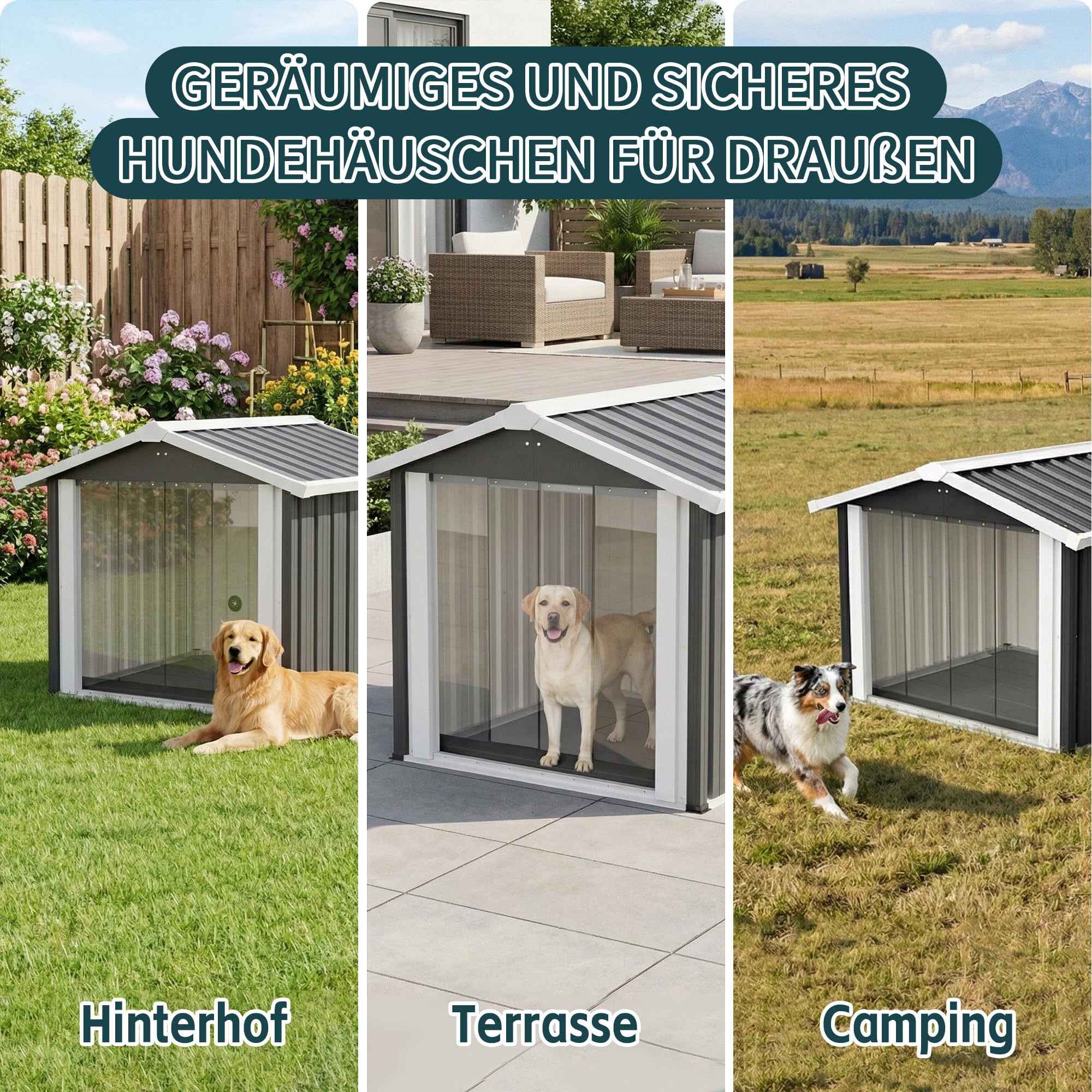 Caseta para perros XXL para exteriores, 102 cm, impermeable, protección UV, ventilación, color gris | Caseta XXL resistente al agua: sin remojo, sin tambalearse. Confort seco, protección UV, duradero, calidad estable.