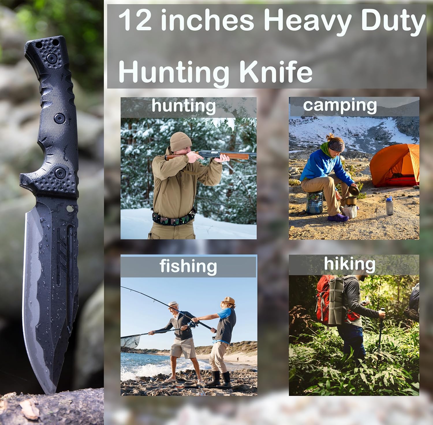 WT09 Fulltang Heavy Duty 12-inch Stonewashed Fixed Blade Knife with Kydex Sheath and Fiberglass Handle for Outdoor, Hunting, Camping, Best Gift for Men (Black)