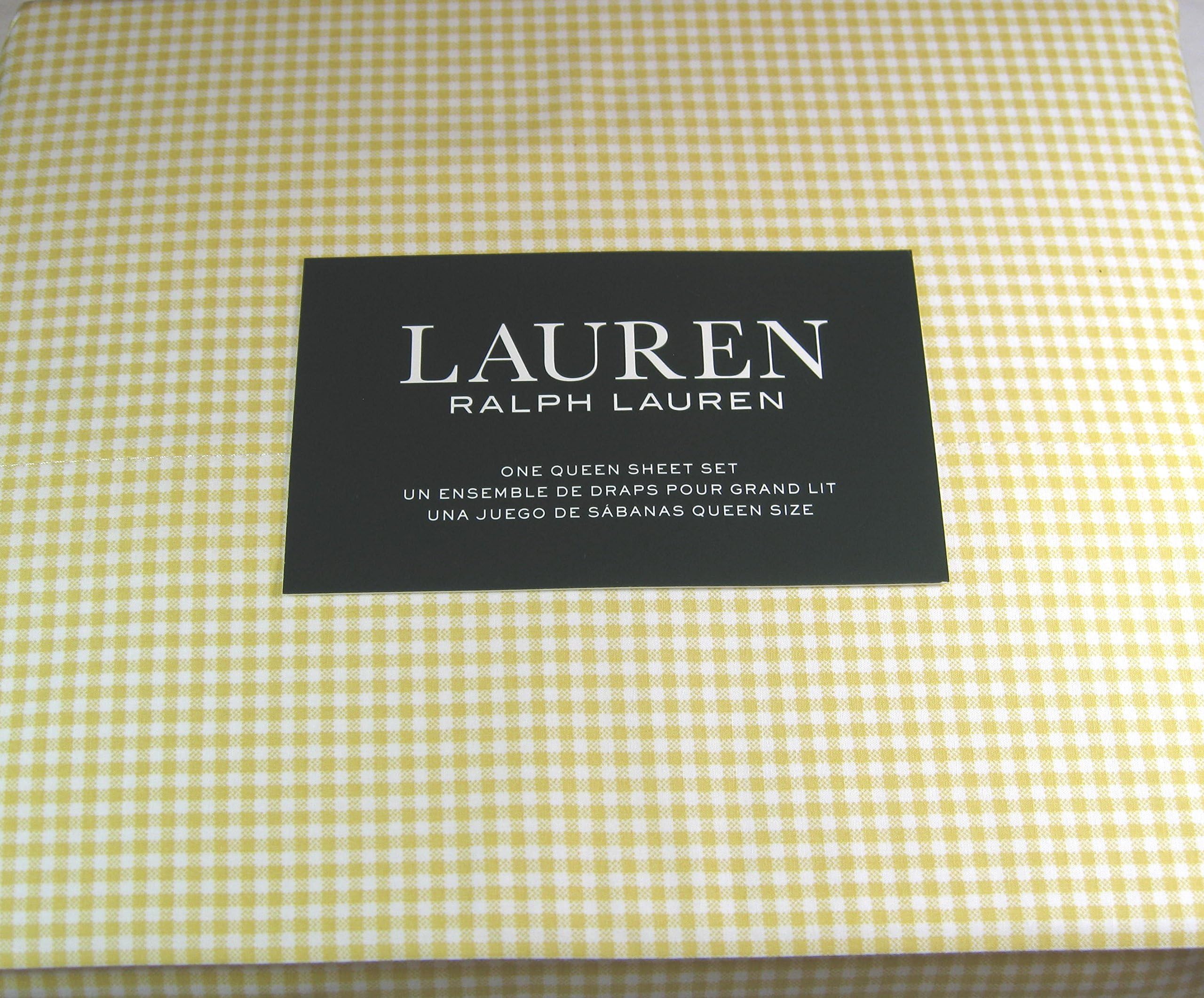 Lauren 4 Pc. Gingham Checkered Queen Sheet Set Yellow and White 100% Cotton